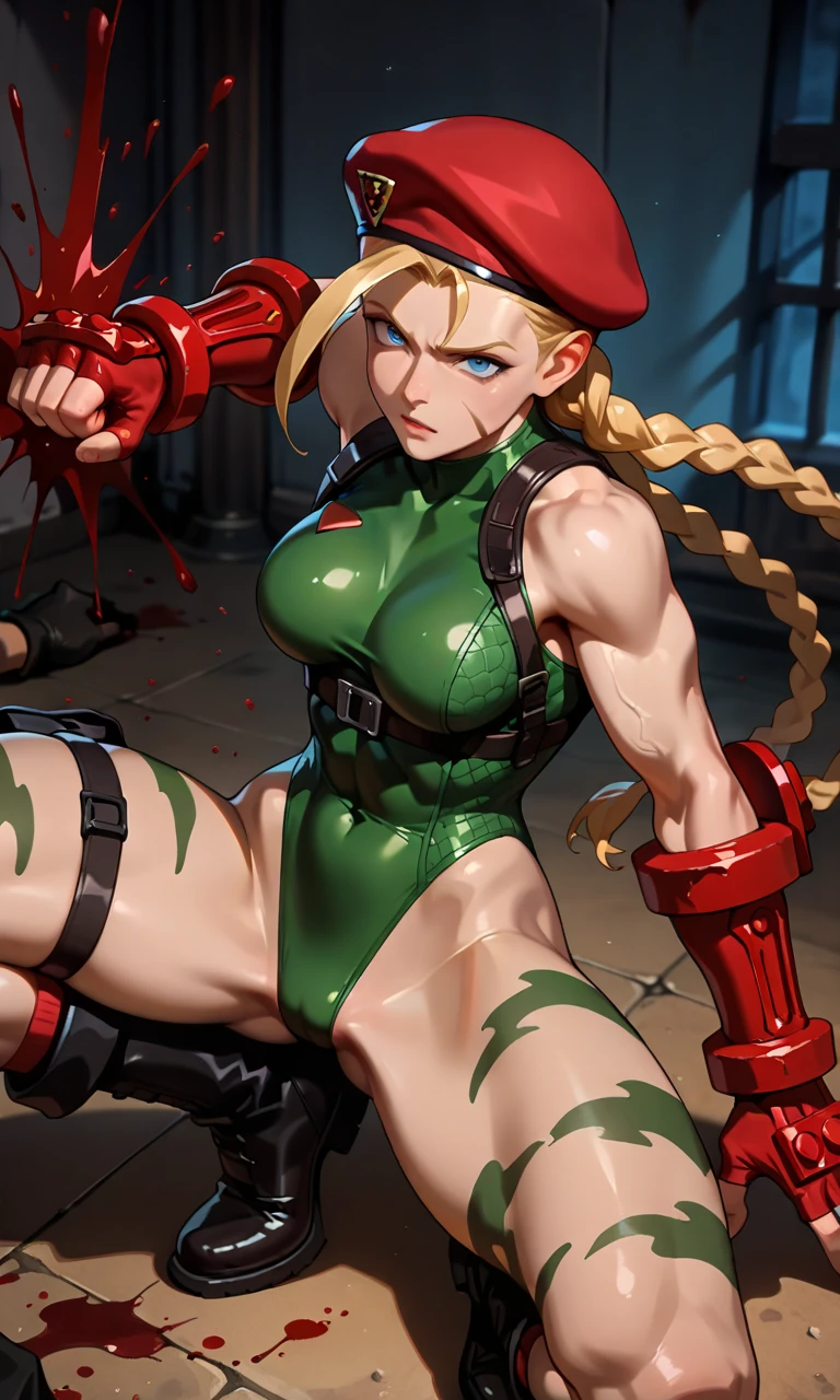 Large Wine cellar with tall barrels, (18 year old Cammy white defeated on her back, laying on ground), legs apart, (perfect fingers) , sad tired look on her face,disheveled hair, green leotard, pigtails, (red beret) , scar on cheek, 1girl, attractive face, cute face, cinematic shot , Masterpiece, best quality, UHD, 8k detailed , boots, (barrels stacked in background), (laying on her back), (cum in pussy: 1.98), (leotard torn below the waist:1.6) 