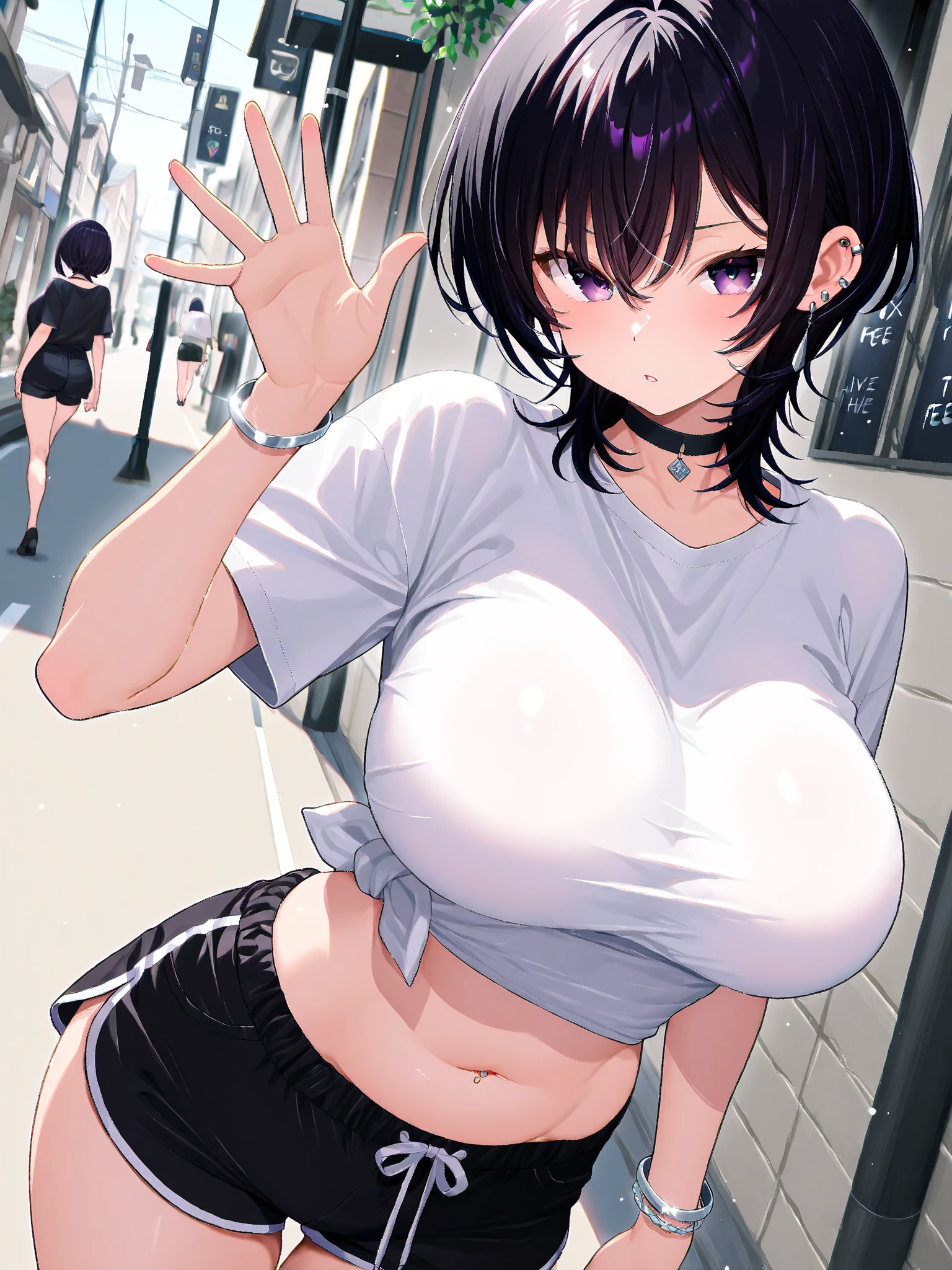 Staring at the viewer, a perfect woman, perfect face, cute symmetrical face, ((lustrous hair)), (cute smile, smiling face), human female, ((medium boobs)), (medium bust size), beautiful face, beautiful woman, glowing skin, ((big black eyes, long eyelashes)), pretty face, ((juicy lips)), ((fully nude))), cowboy shot, (masterpiece, top quality, highly detailed), ((short black bob)), (medium breasts), ((white bra)), ((white panties)), ((standing with arms crossed above)), ((highly realistic)), (outdoors, bustling cityscape)