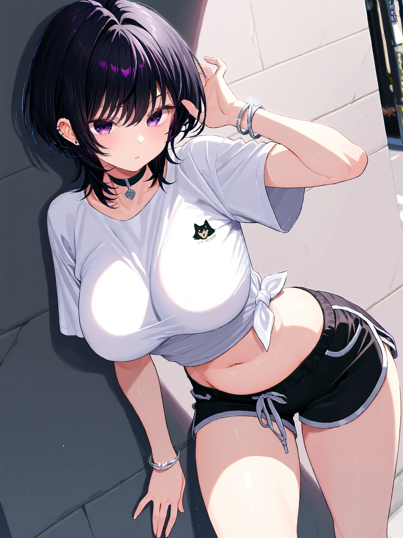((Tomboy)), (masterpiece, best quality) cute smile, short hair, anime girl, small hight, (big boobs), (Big chest) baggy black tshirt, thongs, thick tights, (small curvy, ecchi) ((Anime art style)), big beautiful eyes, sexy fishnets, stripping, hourglass figure, lip bite, gamer girl, slim belly, sexy, sedductive, black and neon background, (nipslip), tsundere, ((striping the shirt)),