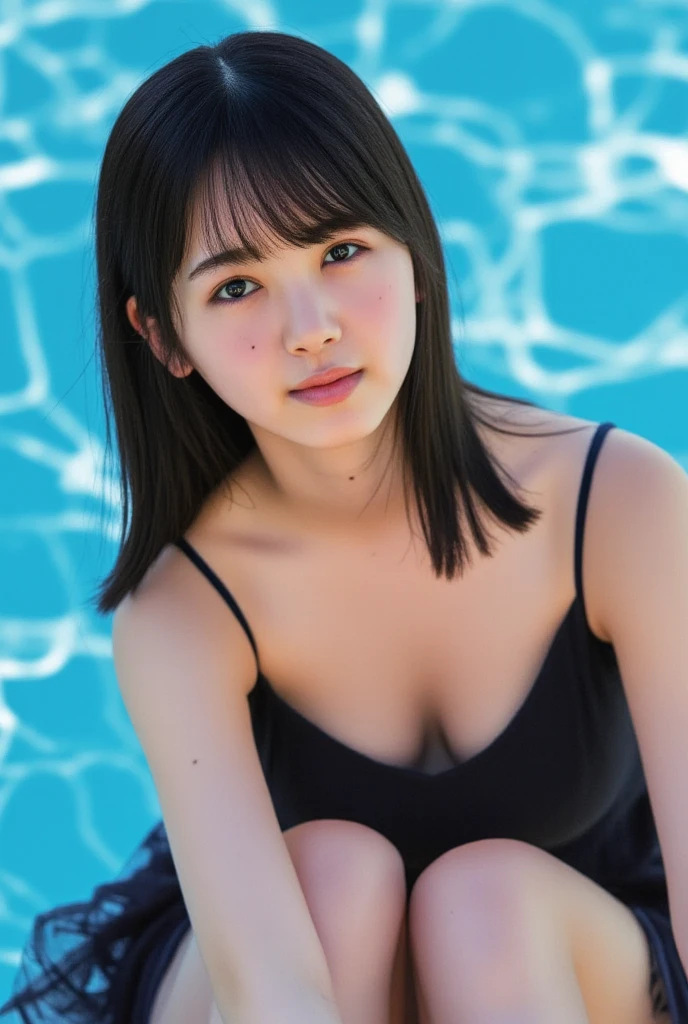 ((Real 8K、masterpiece、highest quality、Ultra-high resolution、Realistic skin texture))、Sexy Beautiful、A 25-year-old beautiful girl with a sexy and cute look, Beautiful, sexy face with large, well-balanced eyes、7-head beauty, 1 girl,Moyou,With bangs,Black long dress,Turquoise background,smile,Composition from above the knee、There is a natural color difference、smile、Teeth clean、Sexy thighs、