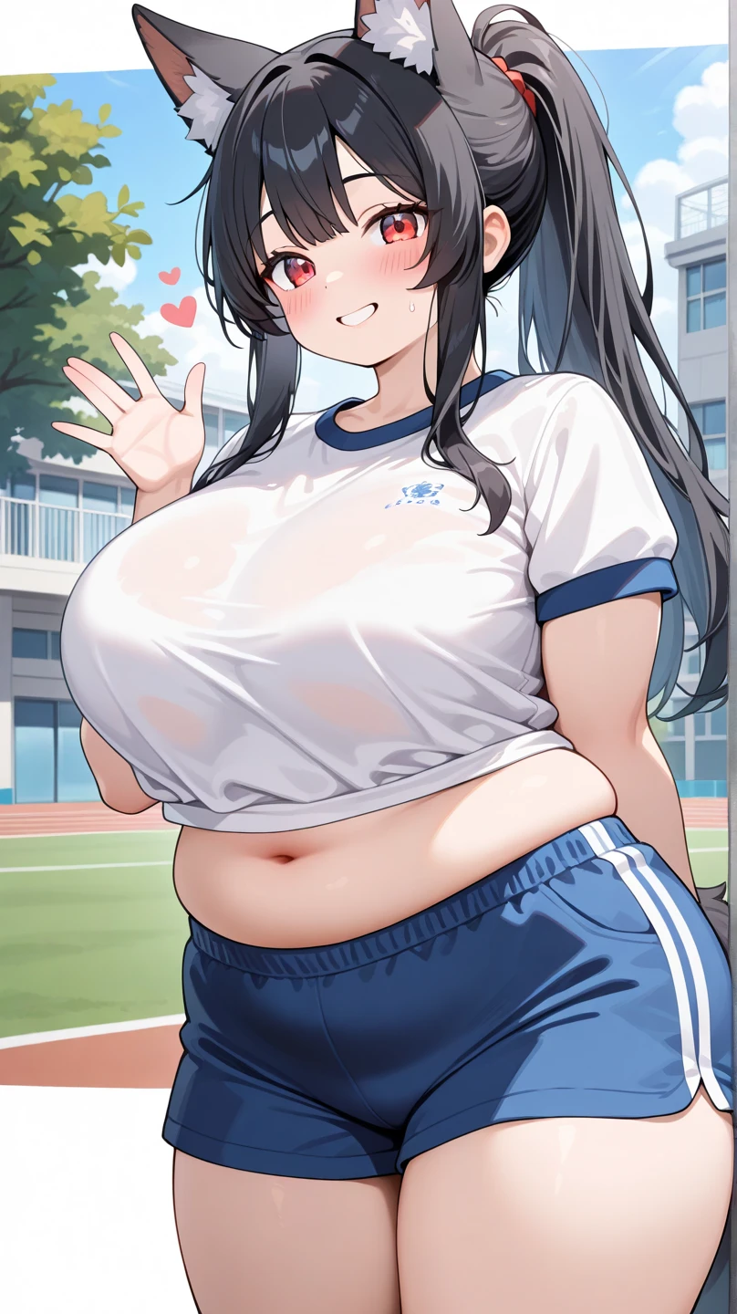 ((Masterpiece)), perfect anatomy, perfect shading, field of depth, (best quality), extremely delicate and beautiful, perfect lighting, detailed face, ultra cute face, cute, (cowboy shot 1.2) , looking at viewer, full body, (((1girl))), (((solo))), cheerleader
long hair, fluffy hair, brown hair, pony tail, green eyes, (((blush))), nervous, (cheerleader uniform), (white tank top 1.2), (short section red skirt 1.2), thigh highs, chocker, extremely tight clothes, large breasts, cleavage, perky breasts, (wide hips), (thick thighs), pudgy,
fast food restaurant, intricate background, detailed background, sweaty,