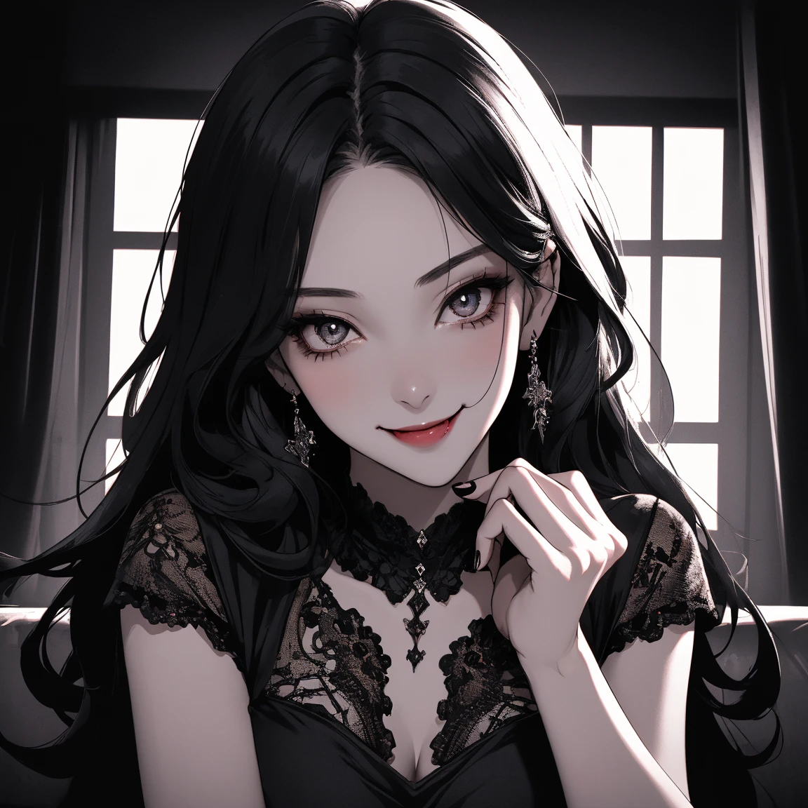 1girl, black hair, long hair, spike hair, messy hair, smile, closed mouth, lipstick, lips, red lips, medium breasts, gloden crown, eyeliner, goth, standing, portrait, summer, hearts from many people loving, surrounded with many men and women, strong, dress coverly and charming