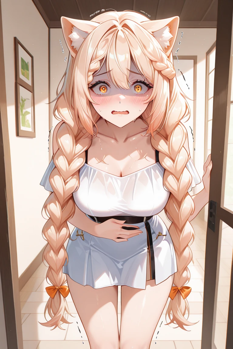 (masterpiece, best quality, highres:1.2), 1girl, large breasts, teenage, bathroom, long hair, sandy blonde hair, straight-across fringe, brown eyes, lifting, (brown check pattern shawl around own arms:1.2), (black simple long skirt:1.1), (white simple off-shoulder sweater:1.1), angry, open mouth wide