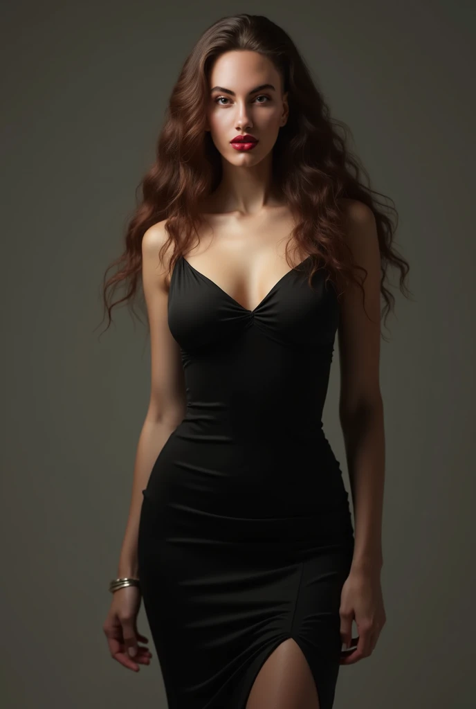 A woman with wavy hair, brown eyes and a black dress 