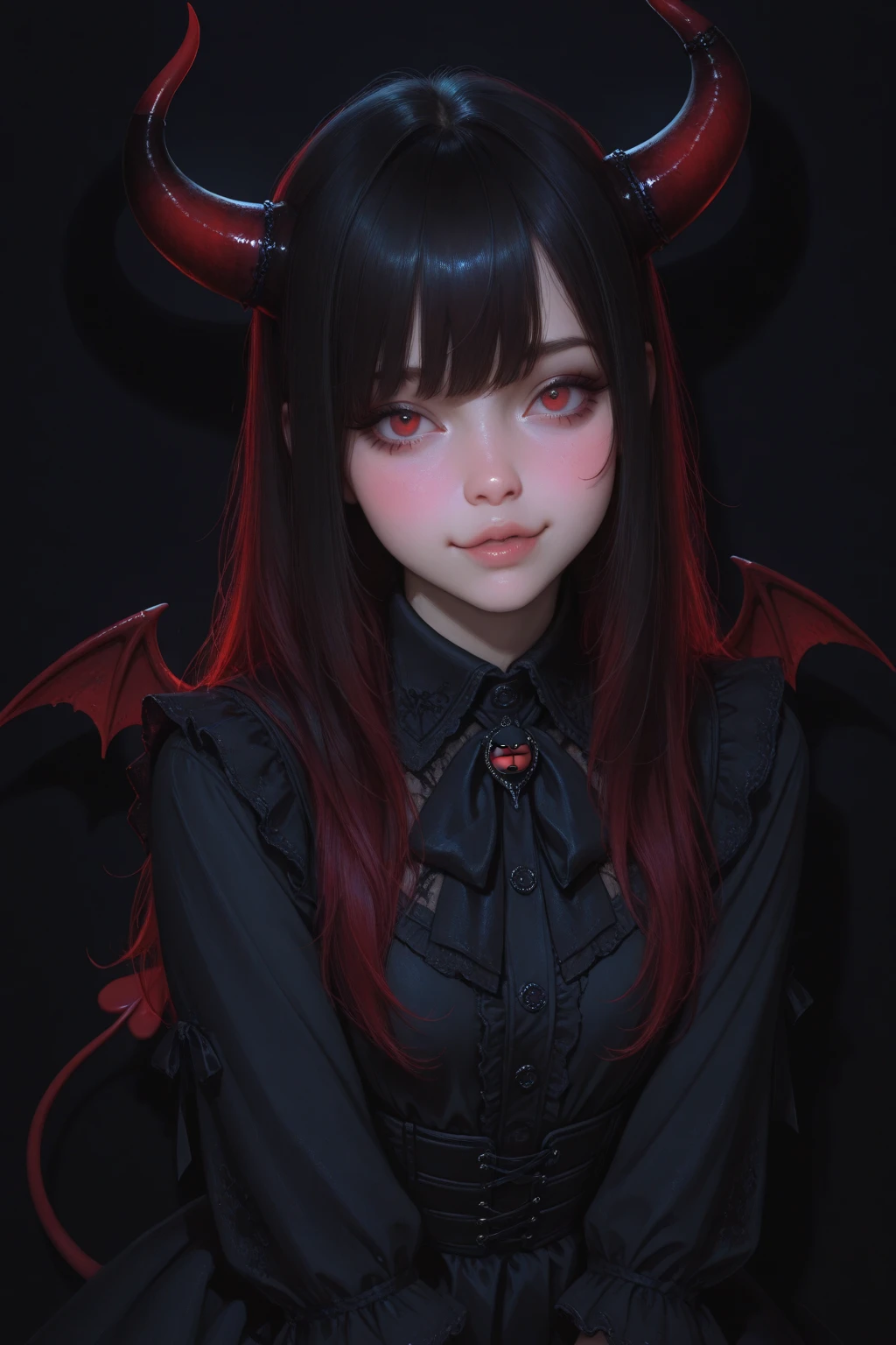 A girl wearing (((red))) hoodie with devil horn on it, red pupil, red lips with small fang