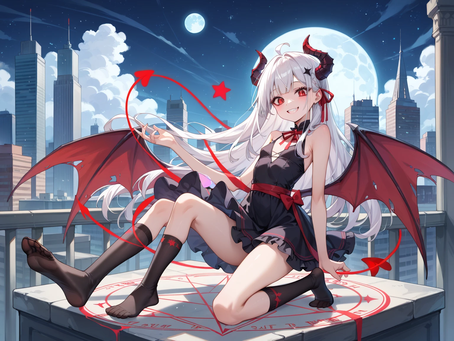 ((1 person Vampire girl)), (((1 person))), ((Red eyes)), cute, Very cute face, Black mini skirt dress with red accents, Cute dress with frills, Lingerie with lace, ((Demon wings on his back)), Configuration from below, Silver Hair, Long twin tails, ((blush)), Hyper Detail Eyes, ((Dynamic and seductive poses)), ((Holding a giant death scythe in his hand)), (((Flying in the night sky, A body floating in the sky))), (Moonlit Night, Purple glowing magic circle)), (Very detailed, Highest quality, 8k, 16K, 32K), Beautiful illustrations, Hyper Detail Skin, 