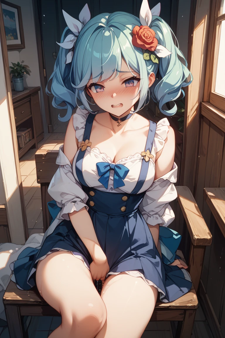 photorealistic, (4k), depth of field, (Masterpiece), (realistic skin texture), extremely detailed, intricate, hyper detailed, professional photography, bokeh, high resolution, sharp detail, best quality, girl, aqua hair, blue eyes, aqua maid dress, maid headdress, frills, apron, . dynamic pose, (lying on side), outdoors, park, light rays, grass, (park bench:1.3),