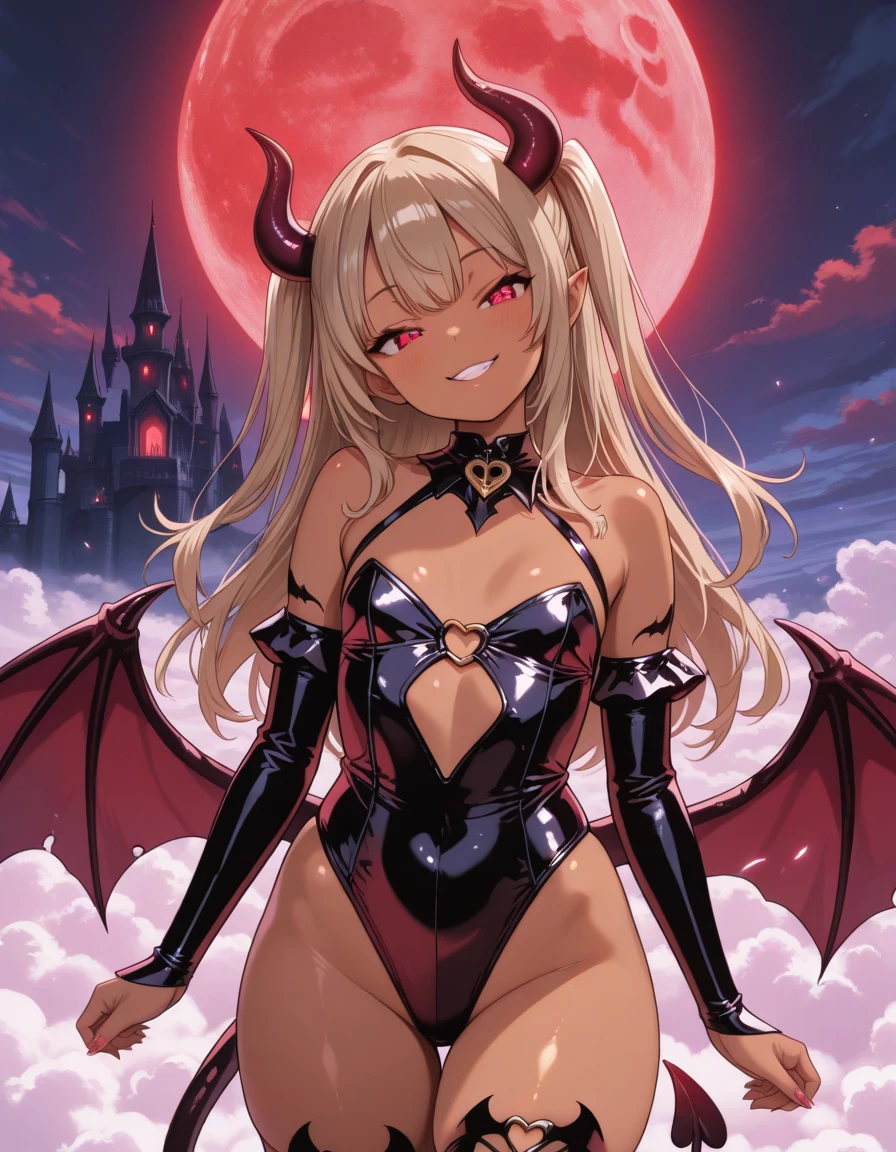 Best Quality,12K, cute demon , horns, , thick thighs, wide hips, colored skin, shiny red skin, super shiny skin, horns, wings, demon tail, sexy cute outfit, high detailed Golden eyes, big bimbo glossy lips.