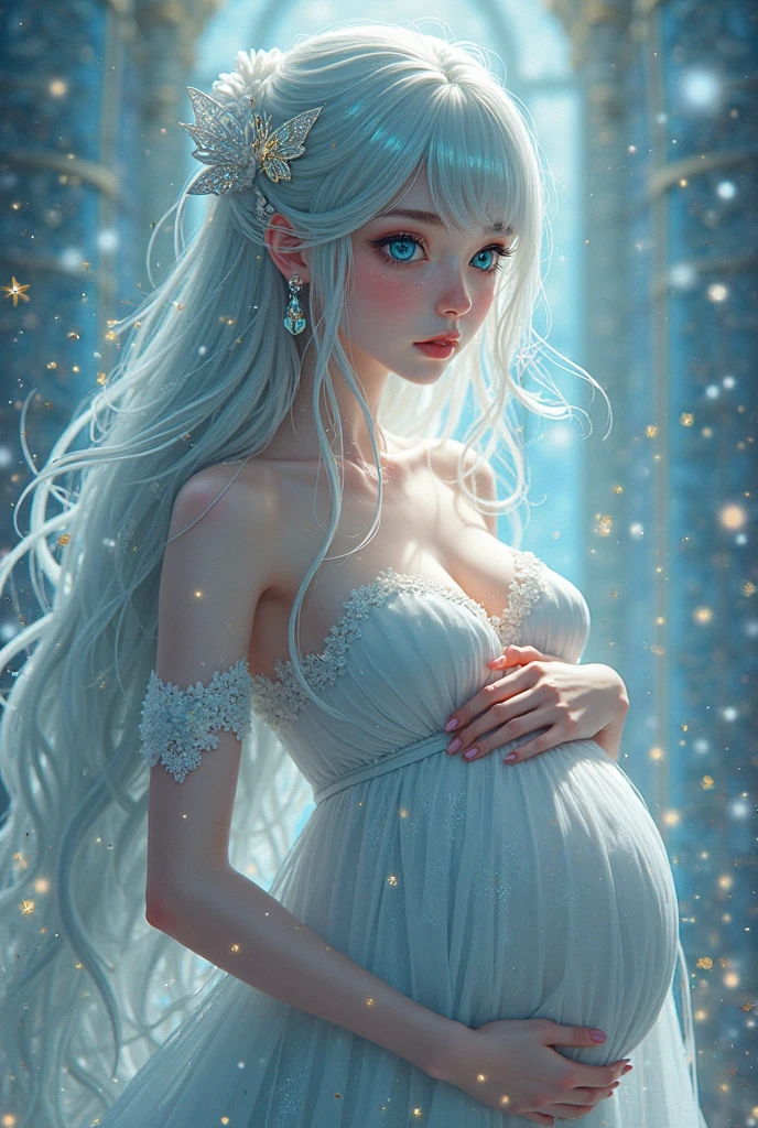 Draw a girl with white hair,white wolf ears, blue eyes and a very big belly 