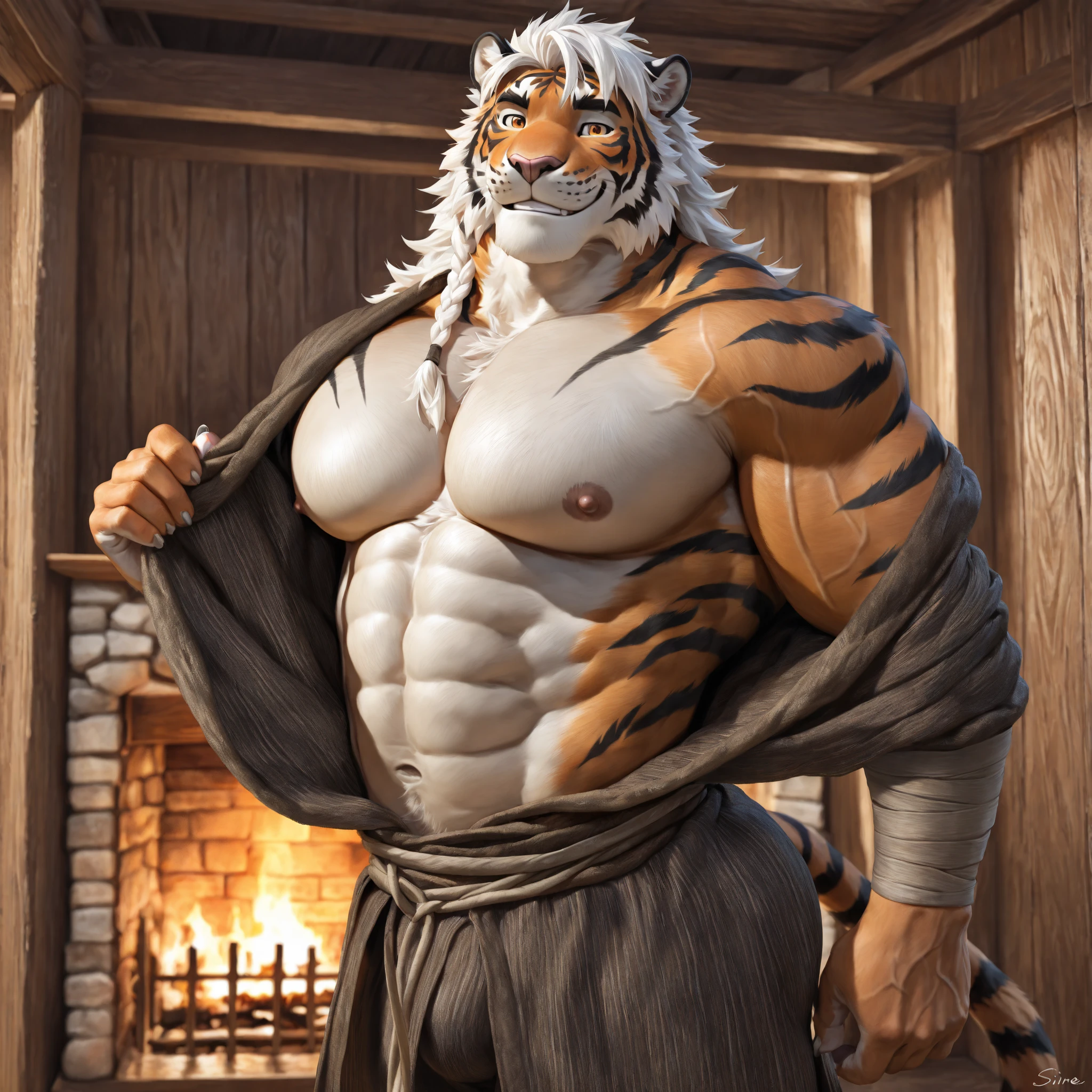 Make a wolf den, musculoso, musculos detalhados, abdomen, coxas grande, big arms, peitoral grande, peludo, olhando para o espectador com um olhar abusado, sem roupa, coberto de pelo marrom mais escuro, em um quarto estilo medial, deitado de lado em uma cama com vela ao redor, com um olhar atrativo, 4k, full HD without pants, +18, virilha detalhada, huge bulge, sem roupa