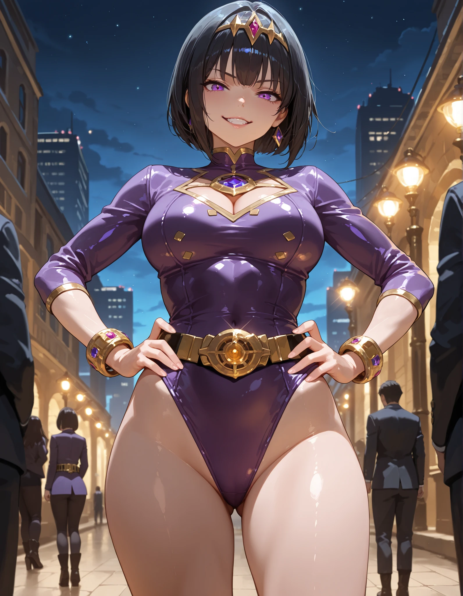 masterpiece, best quality, highres, 1girl, villain, leotard, purple leotard with gold accents, bare legs, (fastened tight gold belt), boots, ankle boots, bracelets, night sky, standing straight, hands on hip, infused with powers, cityscape, searchlights, black hair, short hair, bob hair, tiara, purple eyes, beautiful detailed eyes, perfect hands, solo, solo focus, evil grin, uses her powers