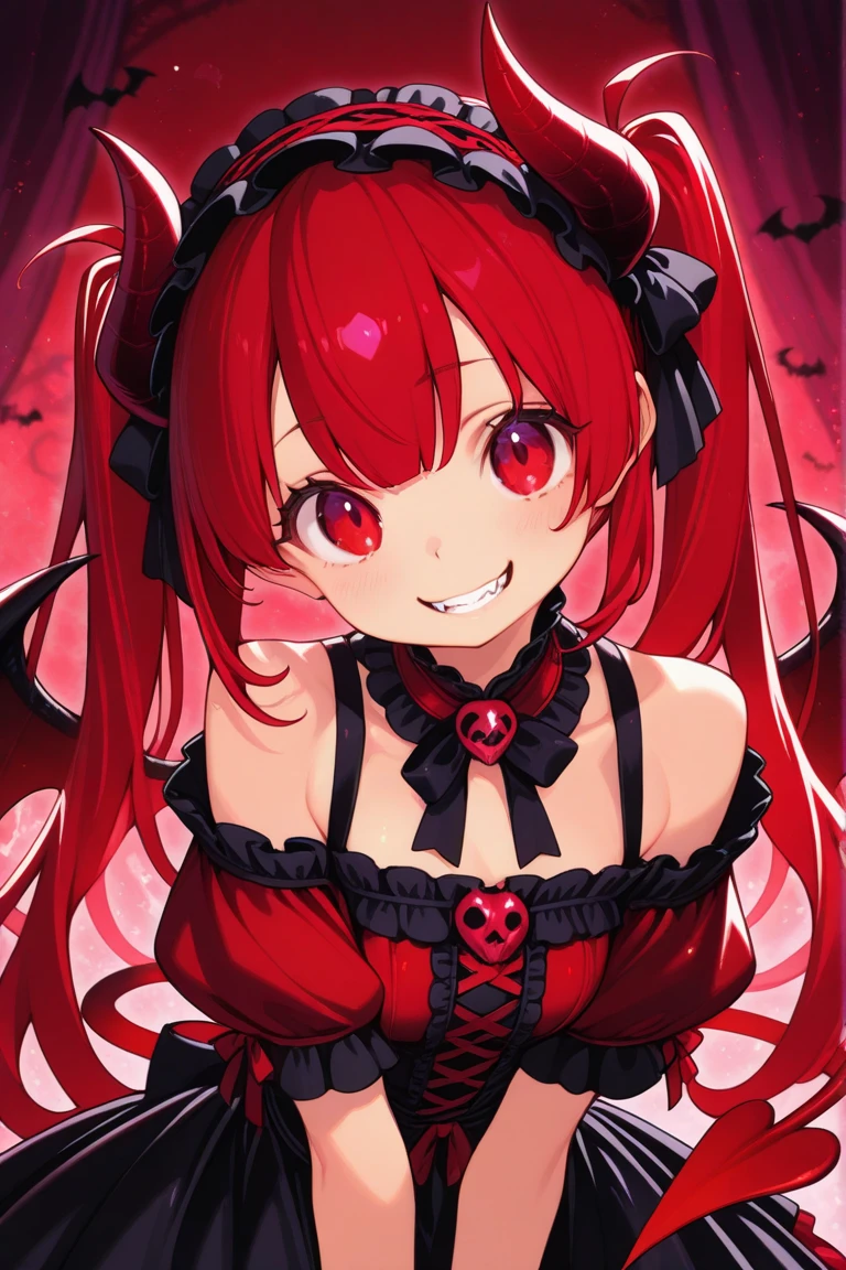 Little Devilish Girl, Red-haired twin-tailed, Creepy Smile, Double teeth, Mini Devil, Masterpiece, Committed to ultra-high definition and vivid colors, Super detailed, Attention to detail, highest quality, 8K, 16K, Exquisite detail, A style that combines romanticism and realism, High resolution, Perfect Anatomy, 