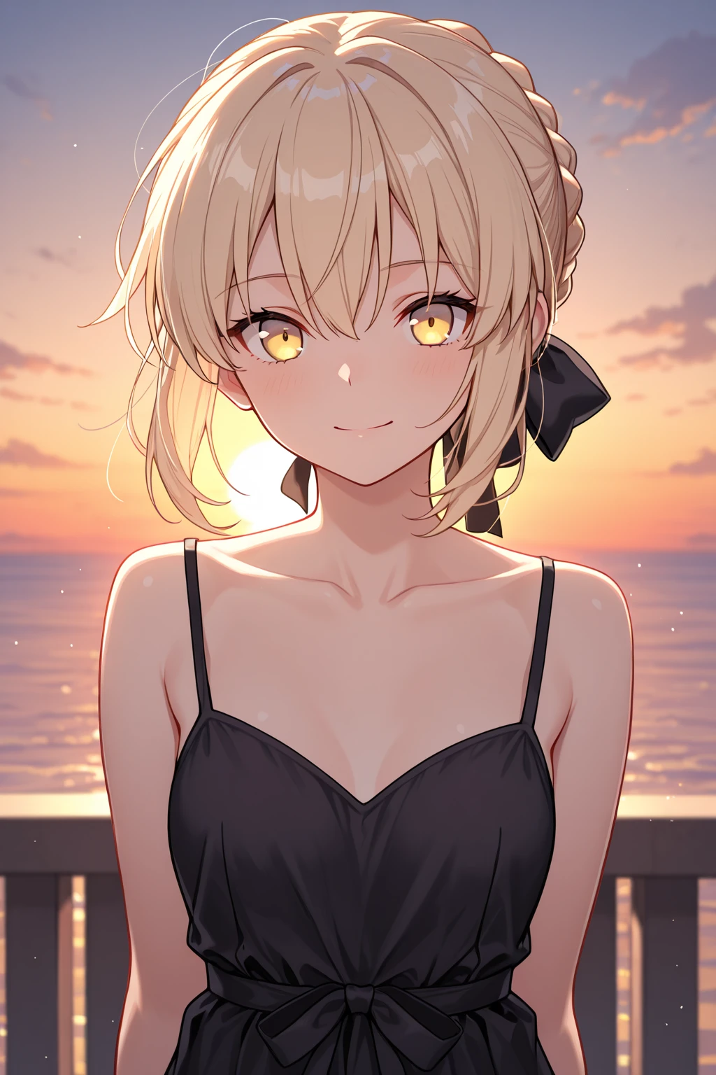 Create for me a blonde woman with short blonde hair, light brown eyes, 25 years old, serious and attractive, who works as an executive, has full and attractive lips with soft light pink lipstick, she is on the beach enjoying a full sunset , with yellow bikini lines, where, meditating on life, with a penetrating gaze