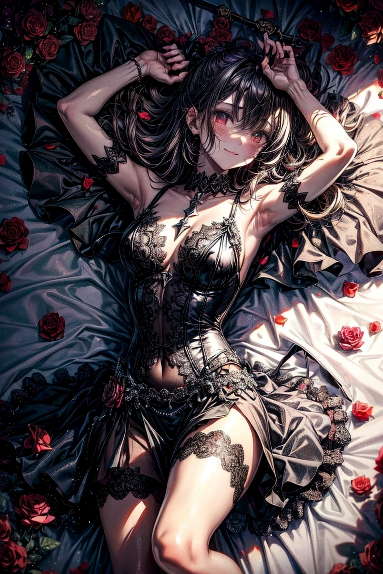 Realistic, 1girl, black hair, blue eyes, glowing eyes, cut top, skirt, parted lips, blush, night, flowers, sun, sunlight, white stockings, seduction, 18 forbidden