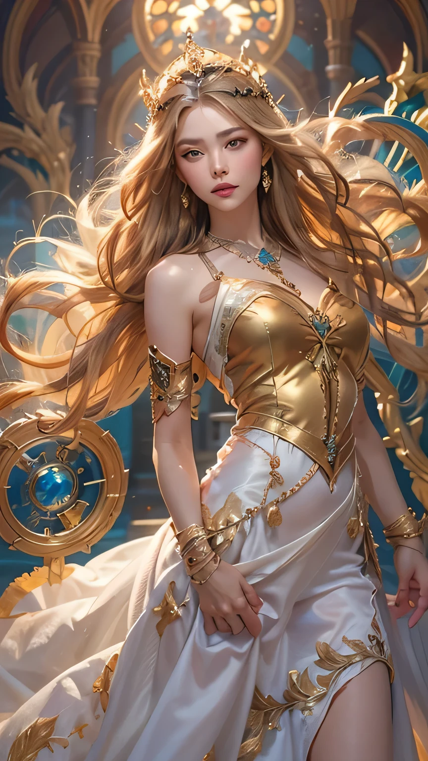 The goddess who rules the seasons is exerting her power in a mysterious space where the four seasons exist at the same time. Her dress is made of symbols of the four seasons, and she has a crown of stars on her head. 8k , HD, highly detailed, realistic, photography, photo realism, --ar 9:16 -- at 6.0 --s 750,19 years old, alone, Long Hair, View your viewers, Blonde, Brown eyes, gem, whole body, Realistic, Sexy、Big Breasts 、stockings、clip on earrings,during,bracelet、embarrassed,blush,teache