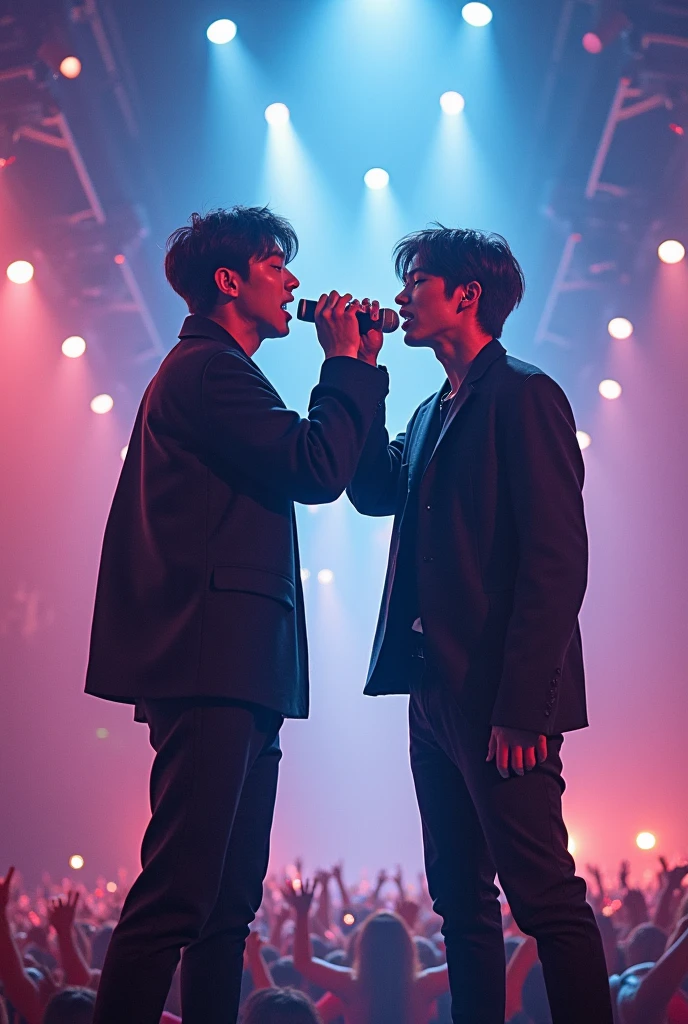Make me an image of two Korean boys Jimin and Jungkook together at a party on the dance floor dancing very close to each other