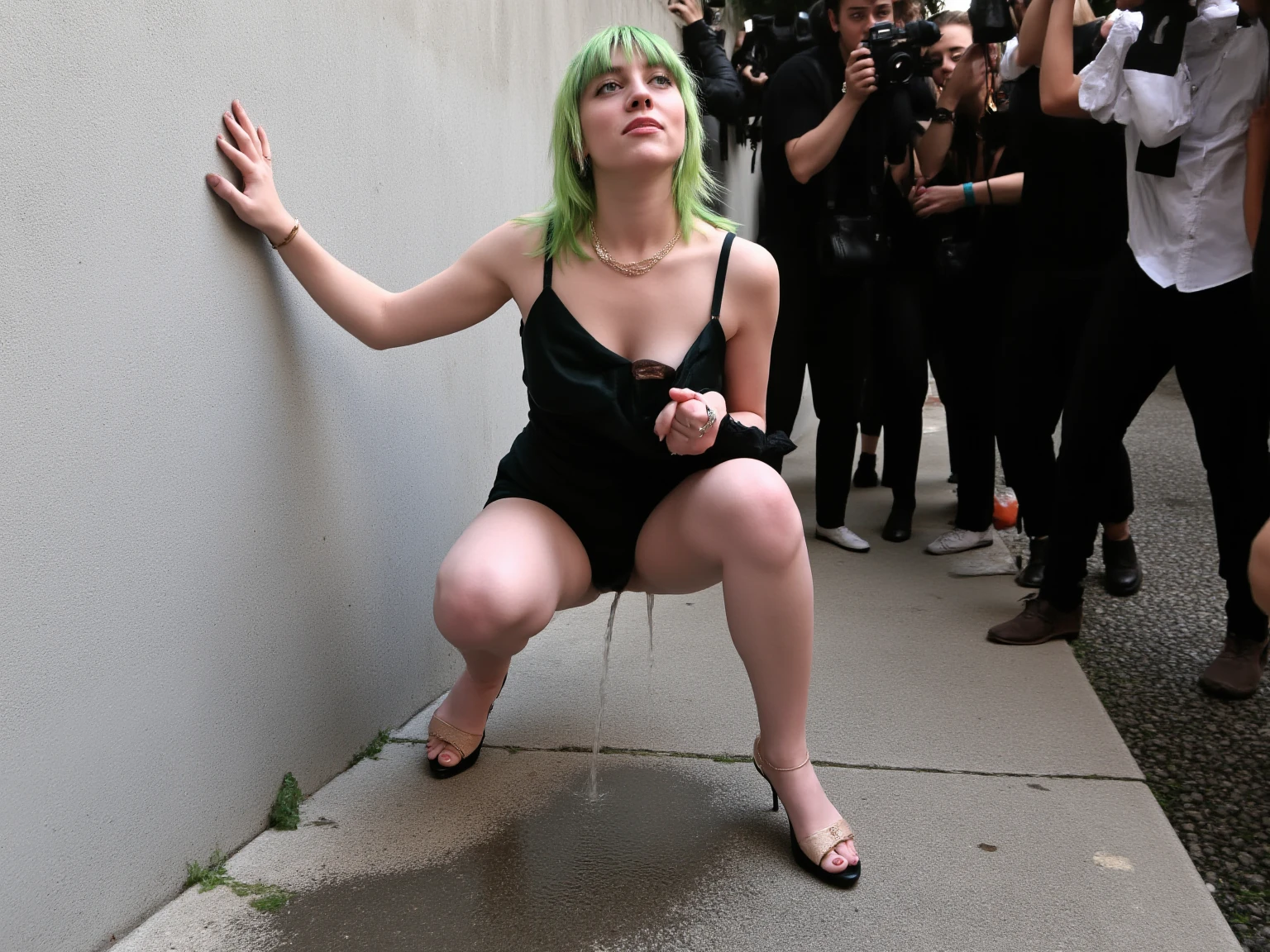 Billie Eilish completely naked showing her entire wet body ((masturbating)), ((riding huge rubber penis inserted inside vagina)), on a street sidewalk with people, ((body skinny)), Fine body, body soaking wet, soaked body, sweaty body, ((flat chest)), sunshine light, lots of contrast on the body 
