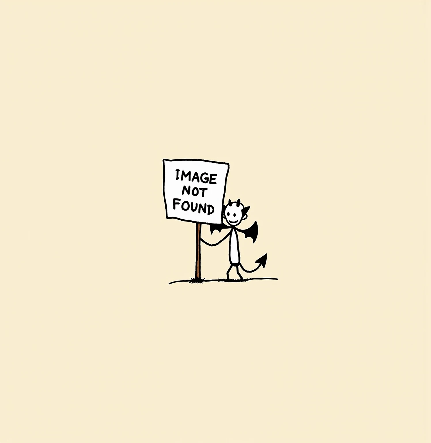 simple cartoon style, stick figure little devil holding a large blank censorship sign that says “image not found”, small bat wings and tiny horns, mischievous but expressionless face, standing on a plain beige background, tail with spade tip curled slightly, ironic and minimalist atmosphere, centered composition, inspired by absurd internet humor, doodle-style art, clean linework