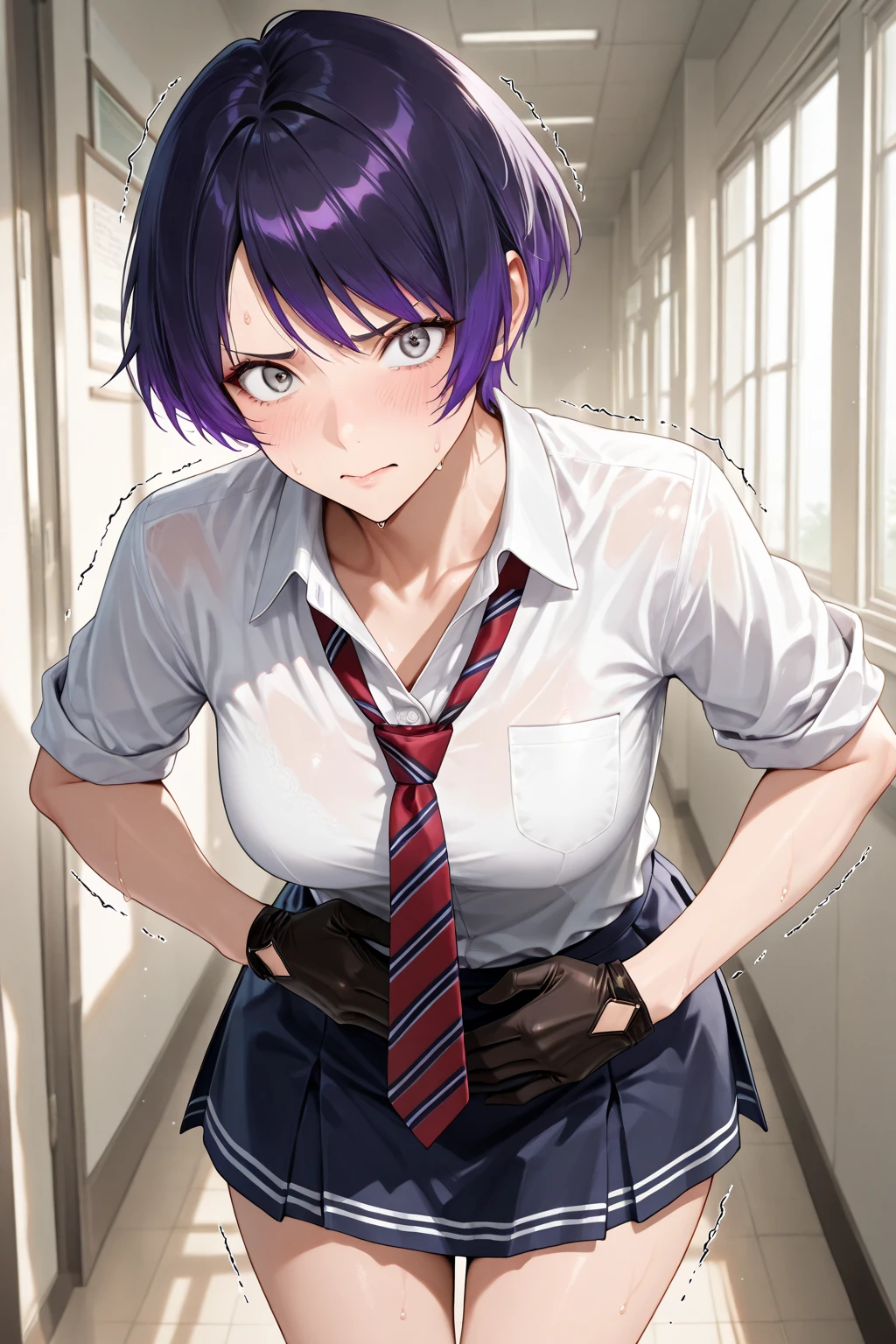 score_9, score_8_up, score_8, 1girl, my hero academia, my hero academia anime style, jiro kyoka, kyoka jirou, jirou kyoka, purple hair, red necktie, white shirt, wet clothes, green pleated mini skirt, see through shirt, raining, suburban side walk, overcast day, grimace, o, pout, pursed lips, nipples, wet skin, upper body ,score_7_up,score_6_up,masterpiece, ,cartoon,,