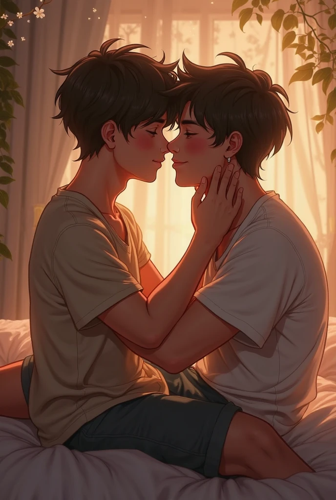 Asian boy and arab boy kissing in sweatpant