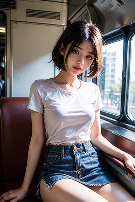 Best-quality, Masterpiece, Ultra-High-Resolution, (Photorealistic:1.4), Raw Photo, depth of field, professional lighting, perfect anatomy, extremely details, ((front view, from below)), 1girl, 15-years-old, the most famous Japanese idol, sitting on Japanese train seat, wearing white T-shirt and wearing denim miniskirt over white-panties, (extremely cute face, (extremely cute and extremely big eyes), extremely beautiful short-cut-haired, extremely beautiful skins), realistic skin texture, extremely cute long-eyelashes, extremely cute lips, childish body, extremely beautiful thighs, looking at viewer, innocent-smile, detailed Japanese-train-seat