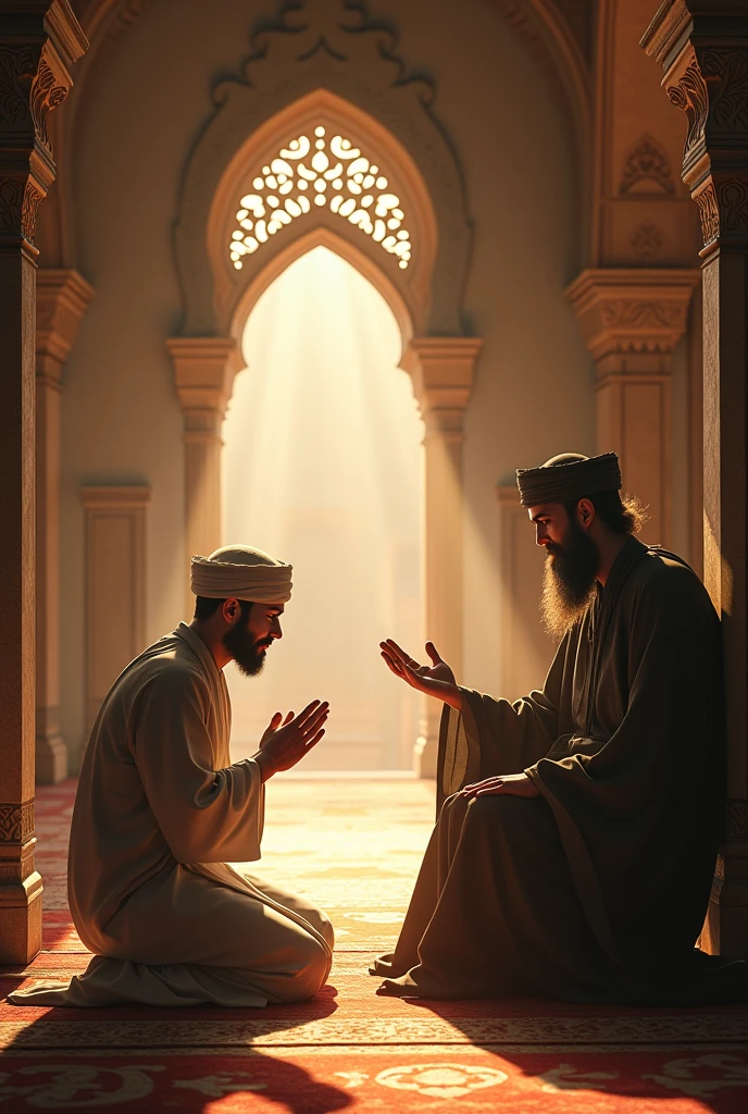 Two young Islamic scholars discussing in a beautiful room with full of books