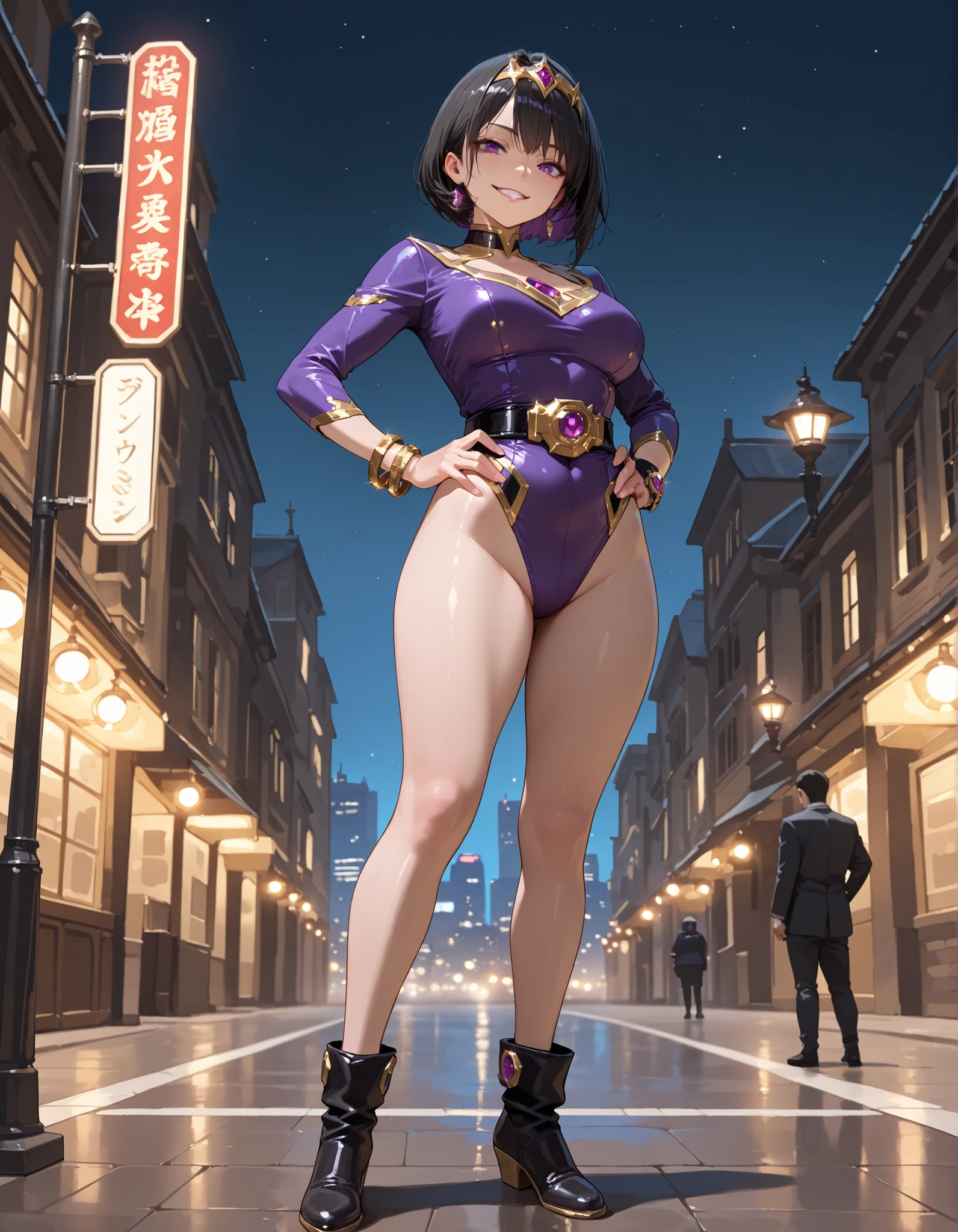 masterpiece, best quality, highres, 1girl, villain, leotard, purple leotard with gold accents, bare legs, (fastened tight gold belt), boots, ankle boots, bracelets, night sky, standing straight, hands on hip, infused with powers, cityscape, searchlights, black hair, short hair, bob hair, tiara, purple eyes, beautiful detailed eyes, perfect hands, solo, solo focus, evil grin