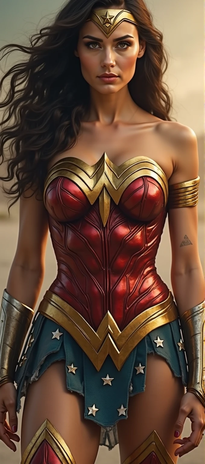 Cinematic soft lighting illuminates a stunningly detailed and ultra-realistic Wonder Woman bodybuilder, muscular, super strong, red and blue armor, that is trending on ArtStation. Octane is the perfect tool to capture the softest details of this 16k photography masterpiece