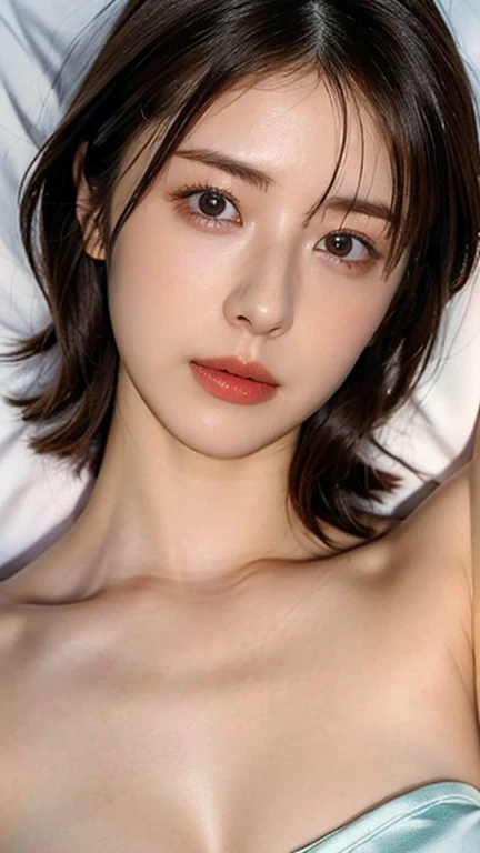 One girl,  Small breasts,, (8k, RAW Photos, highest quality, masterpiece:1.2),(Realistic, photo-Realistic:1.37),Very delicate and beautiful,8k,In detail,Beautiful fine details,highest quality,Ultra-high resolution,((Very detailed)),(photo-Realistic:1.37),(((short hair)))、right eye:((Mole on outer corner of eye))、((double eyelid))、((Narrow waist))、(slender)、(bed)、((Are sleeping))、((Tear bags))、((pajamas))、Prone