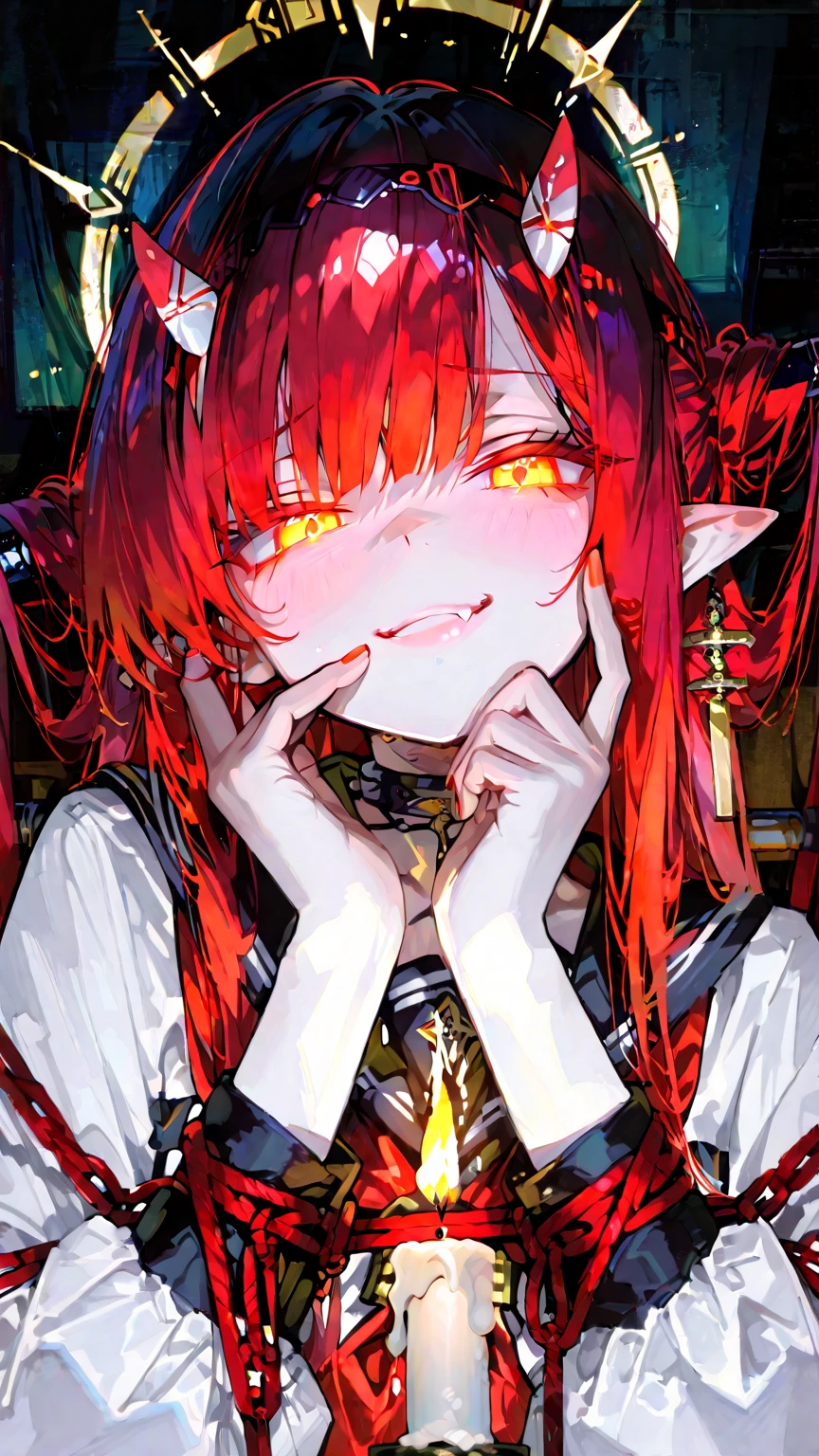 A cinematic anime-style illustration blending the intense proximity and emotional sharpness of 望月けい, the restrained surreal spatial framing of 748cm, and the explosive color and motion direction of 米山舞.
/k.s†

A petite devil girl stares from extreme close range, her soft face framed by both hands pressed to her cheeks.
Wide, glowing eyes curve in a teasing smirk; her lips barely part in silent mischief.
Jagged black-red bangs fall over her brow, lit by bursts of magenta and golden light.
Tiny horns peek from a charm-laced headband, flickering like candle tips.
Behind her, reality warps—spirals, fractured symbols, and splashes of psychedelic color break into motion.
She seems still, but her presence twists the world like a silent scream waiting to escape.