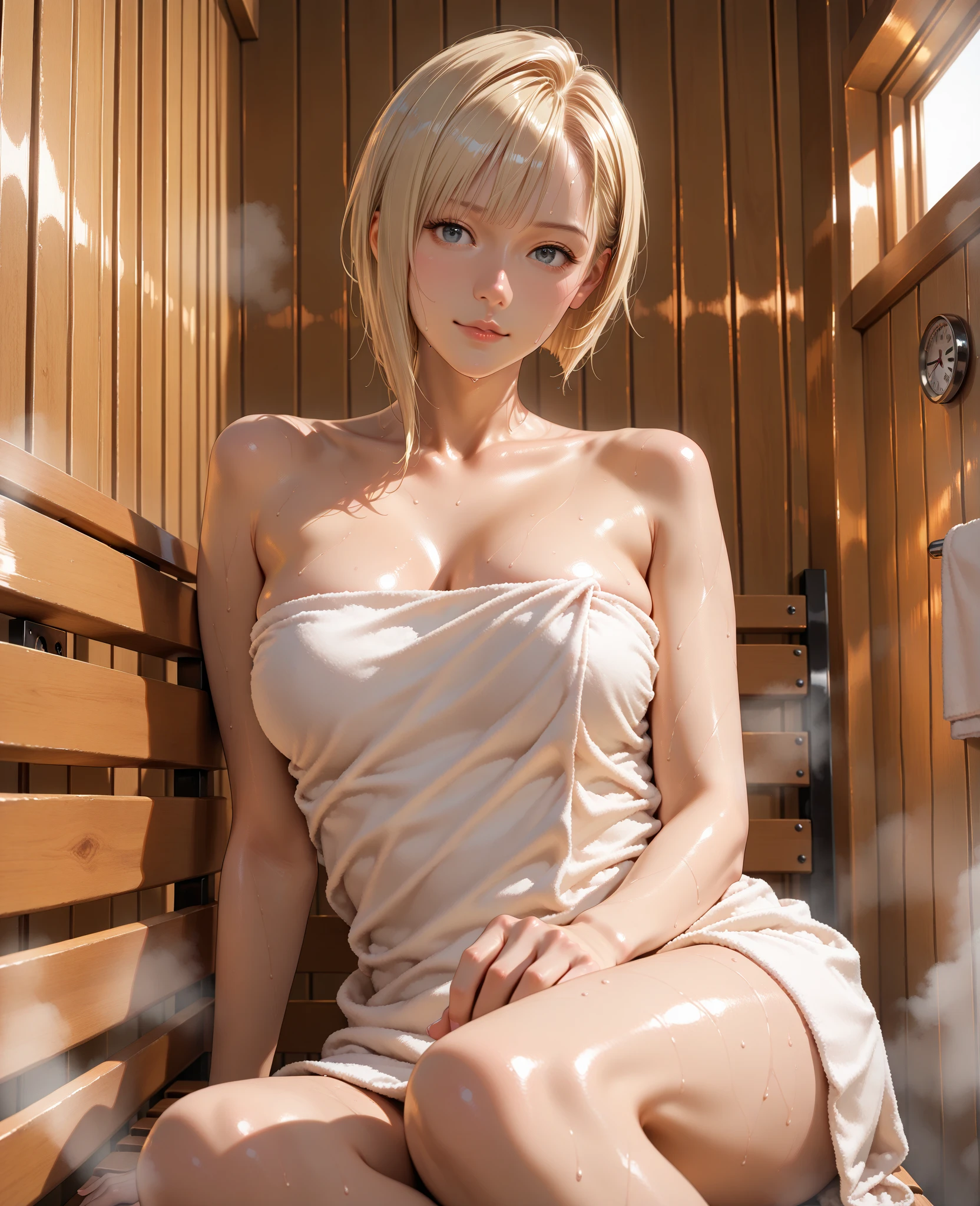 a blond、short-hair、girl with、View of the lower body from the inseam、Red bath towel、flat chest、Thin pubic hair、Beautiful open legs