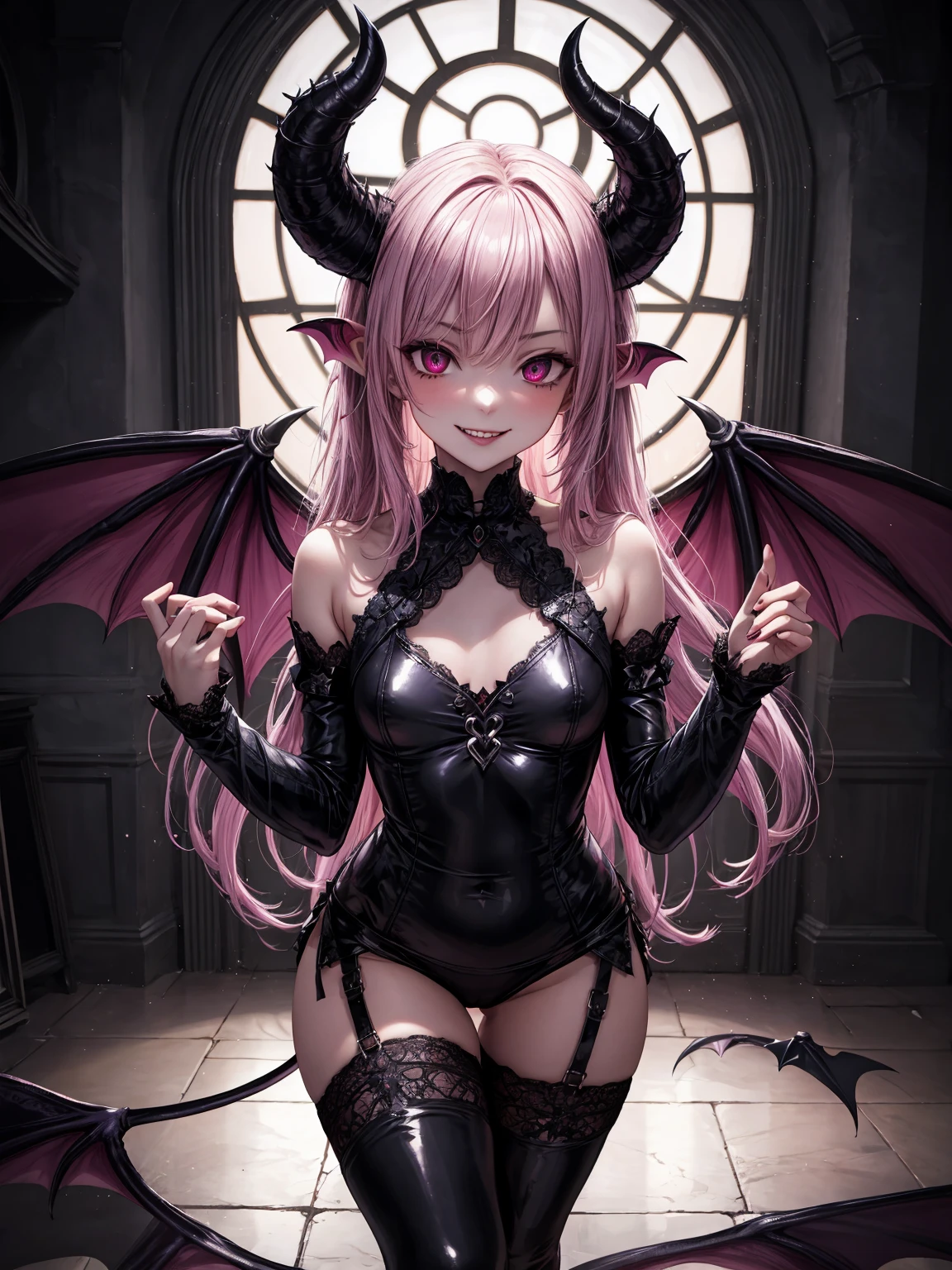 girl,teeth,short dress,demon wings,pink horns,dress,sharp teeth,solo,demon tail,breasts,1girl,wings,horns,tail,large breasts,demon girl,pink wings,coat,bench,pink skin,long hair,pencil dress,absurdres,purple background,demon,colored skin,colored sclera,demon horns,hz \(666v\),very long hair,helluva boss,thighs,pink hair,verosika mayday,white dress,highres,yellow sclera