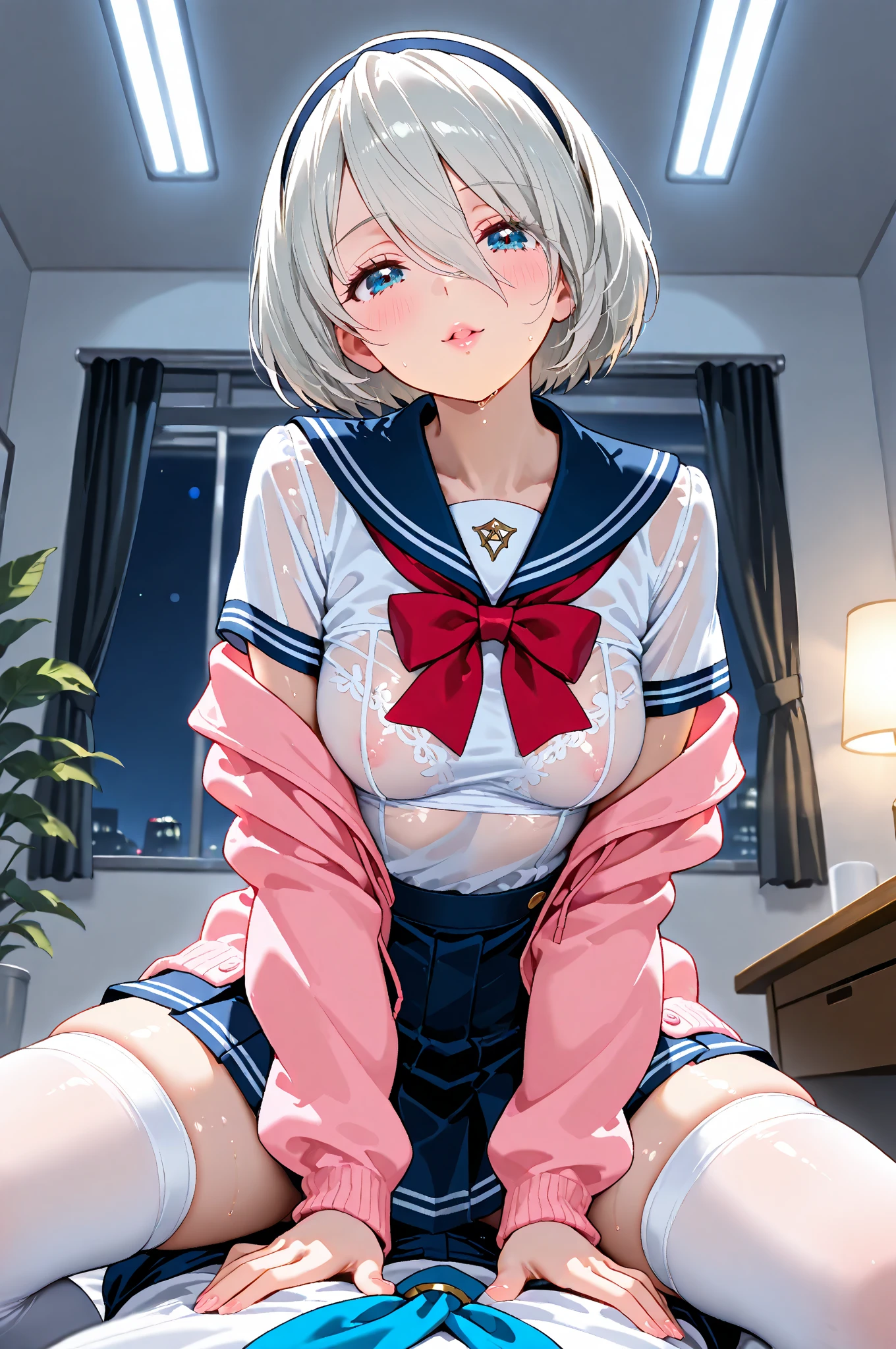 masterpiece, highest quality, Official Art, Very detailed, Perfect hands, Perfect Eyes,One girl, Open Front Uniform、(((No sleeve)))、No sleeve clothing、((Big Boobs))、Sheer lace panties、White panties、Pleated mini skirt、belly button、Narrow waist、Long legs、Red cheeks、((loose socks))、(((Calf)))、On the bedでのセクシーポーズ,White skin, ((Silver Hair:1.5)),((blue eyes)), short hair、Short Hair、(Sailor suit:1.5),On the bed、Full Body Shot,(topless:1.5),High resolution,charm,Grace,, Consciousness upward, Brightly colored star pieces, highest quality,blush, Trans Representation、Trance Expression、Side lighting,Cinema Lighting,nvidia rendering,NSFW、Nipples、Pussy、Butt、Thong Panties、Turn your towards us