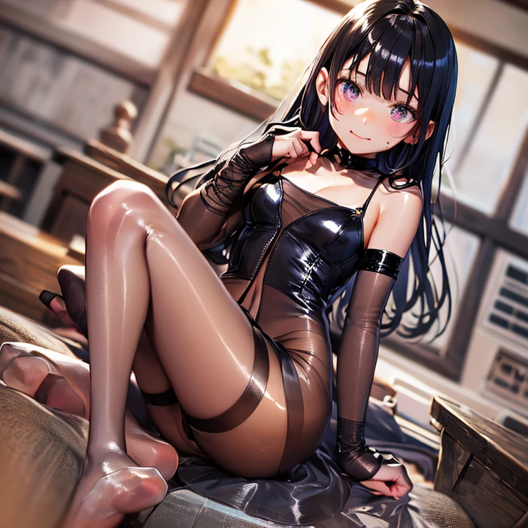 (depcit 2 little young girl), (((elegant black lace leotard))), (((transparent))), dark hair, long hair, straight hair, blue eyes, thin , small breasts, nice hips, open shoulders, kneeling, pussy