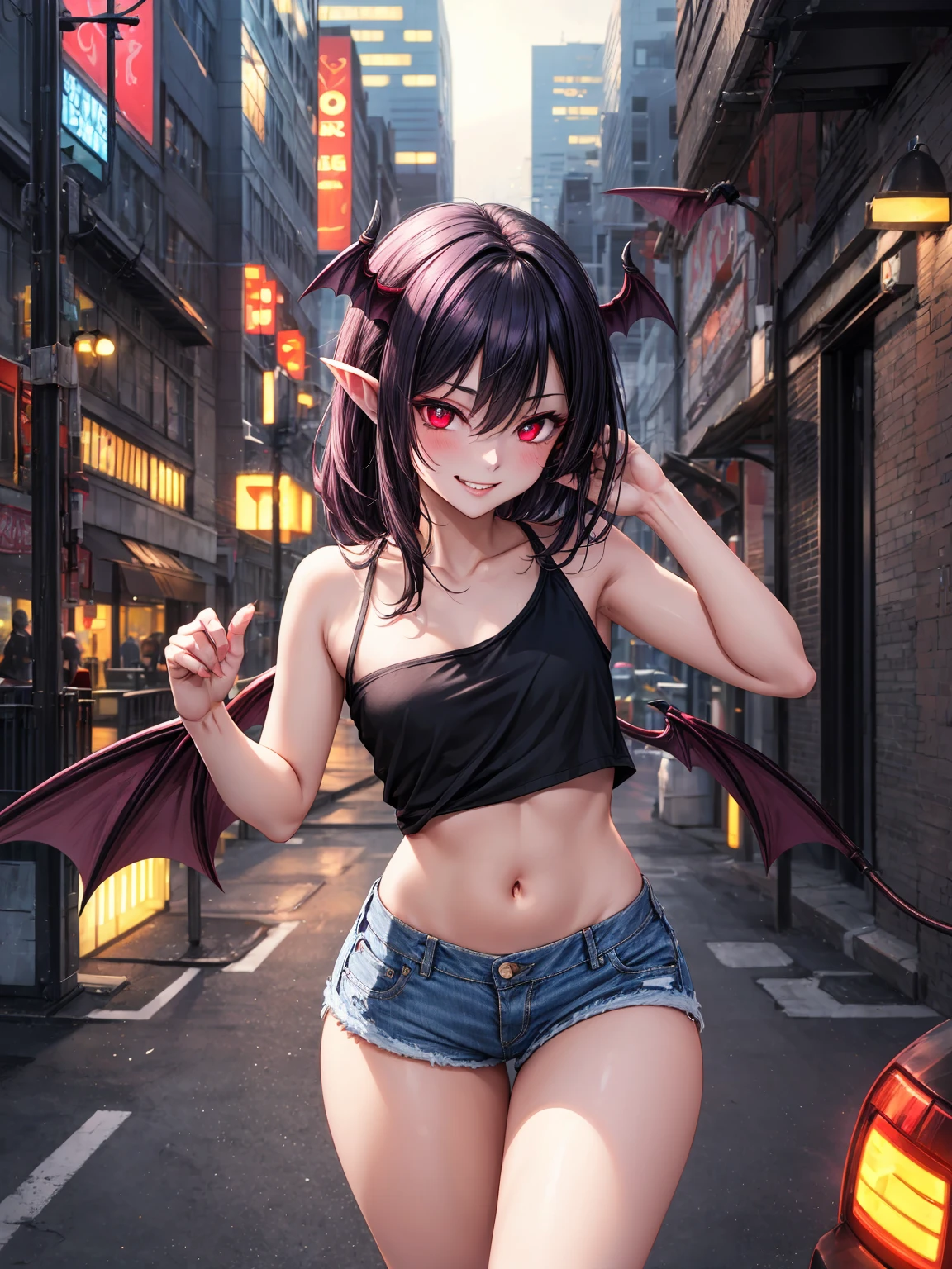 cute, girl, brown hair, ponytail, seductive smile, black thong, cloudy, street, city street, dark, rain, raining, wet, drenched, fallen angel, black halo, black wings, succubus, whore, slut, sexy, hot, skinny, halo, black halo, halo, demon horns, horns, flying, levitating, black crop top, thong, thin thong, medium-sized breasts, 