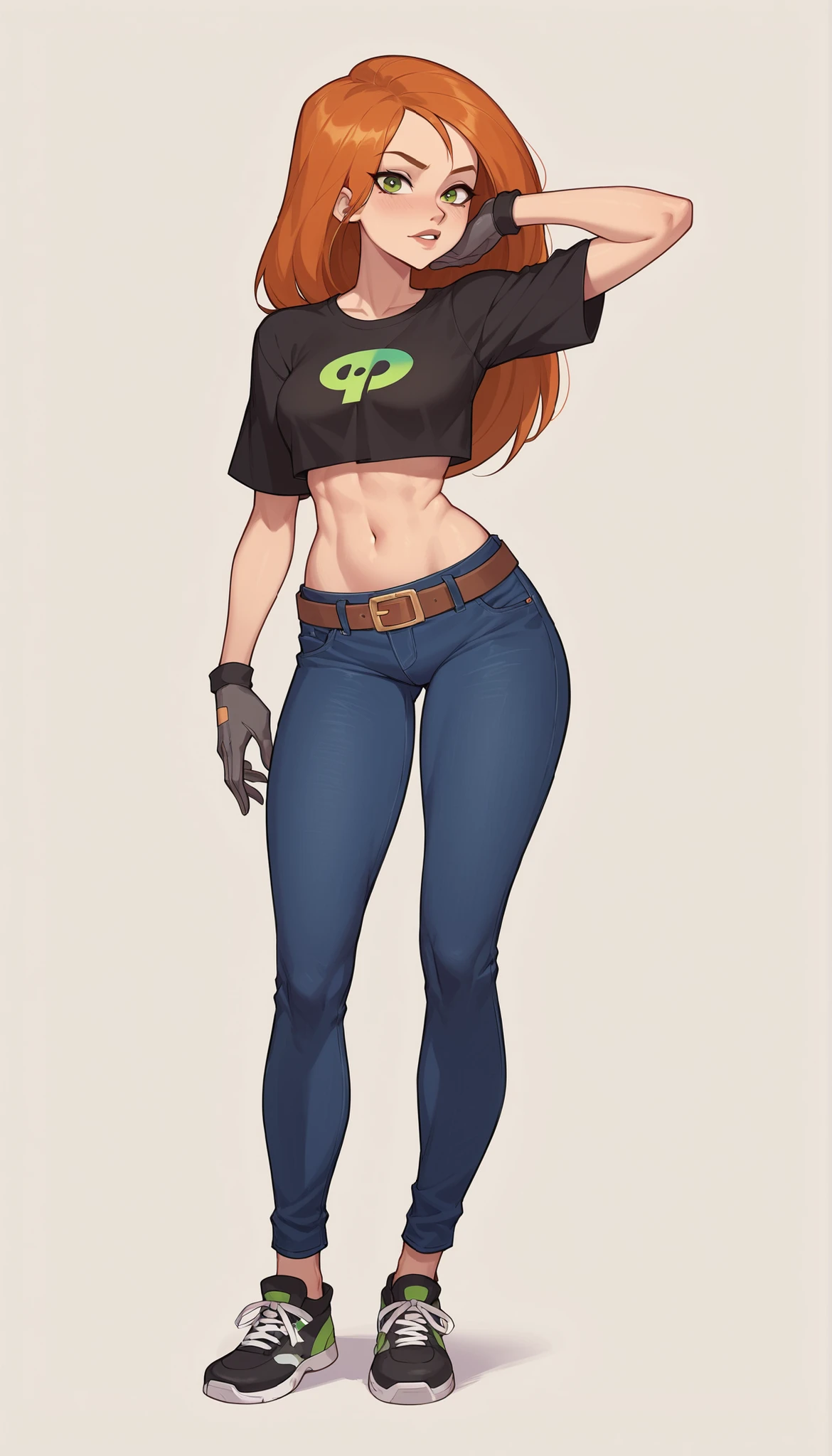 Masterpiece, the best quality, high quality, ultra detailed, master-piece, hyper quality, hyper detailed, perfect drawing, Kim Possible, long brunet hair, wearing a black-sleeve k three-quarter length crop top that bares her cute belly button , green sport jeans, dark gray gloves, black shoes, and a brown belt,, sexy pose, sexy, born to seduce, ((full body)), youthful, high-school vibe background, dynamic high-school background