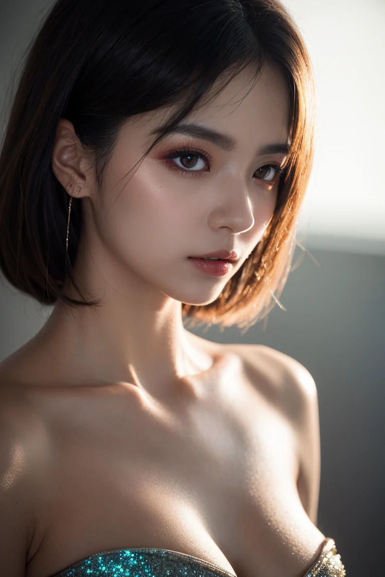 (8k, best quality, masterpiece:1.2), (realistic, photo-realistic:1.37), ultra-detailed, 1 girl, cute, solo, beautiful detailed sky, detailed cafe, night, sitting, dating, (nose blush), (smile:1.15), (closed mouth) small breasts, beautiful detailed eyes, (collared shirt:1.1), night, wet, business attire, rain, white lace, (short hair:1.2), floating hair NovaFrogStyle, topless,closeup shot , medium shot , random shot
