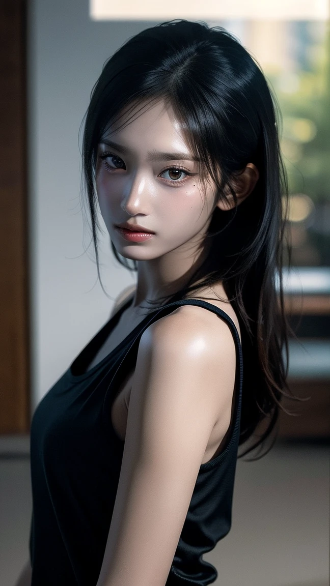 20-year-old woman, Black-haired, high contrast (Natural skin texture, Hyperrealism, Soft Ligh, sharp), high resolution, blue sport wear, pov, full body
