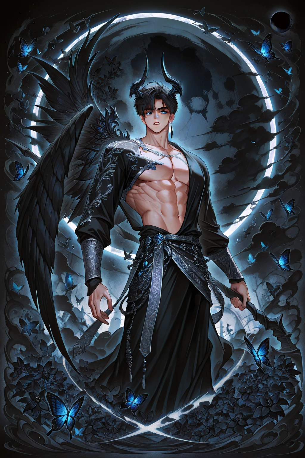 ((Masterpiece, Highest quality)), Male, boy, Detailed face, character design sheet, full bodyesbian, Full of details, frontal body view, back body view, Highly detailed, Depth, Many parts, angel wings, black hair, angel outfit, Muscle boy with black long hair,handsome man, male angel , man tall, abs, pectoral muscle