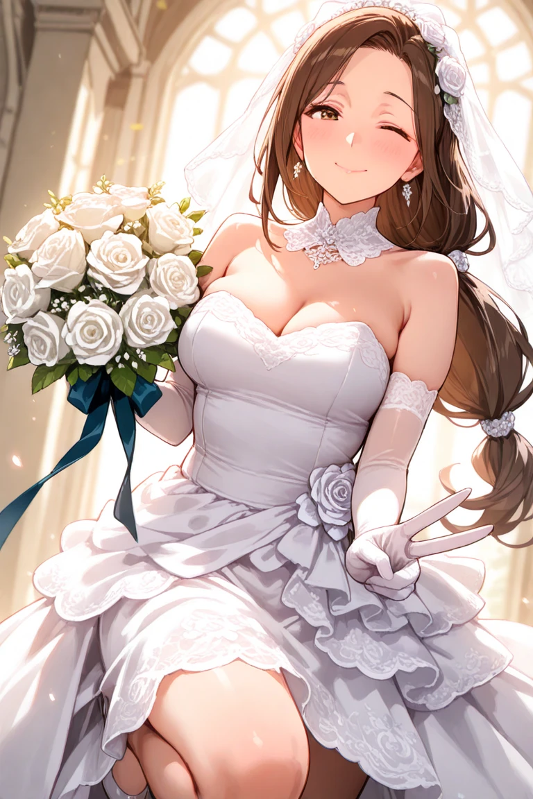 Highest quality、Super detailed、High resolution illustrations、Ultra-high-definition CG、8k size wallpaper、Production Art、Light novel illustrations、(1People Girls)、asuna yuuki, hair bun bridal、bangs, brown hair, brown eyes, bare shoulders, detached sleeves, white dress, Crimson Lipstick、A smile full of happiness、Puff sleeves、hair bun、Bridal Veil、tiara、Cleavage cutouts、Red brooch、Wedding dress、White Dress、White Gloves、Long skirt、White Stockings、White stiletto heels、Holding a bouquet in both hands、Full Body、hyperrealistic、(((spoken heart:1.5)))、