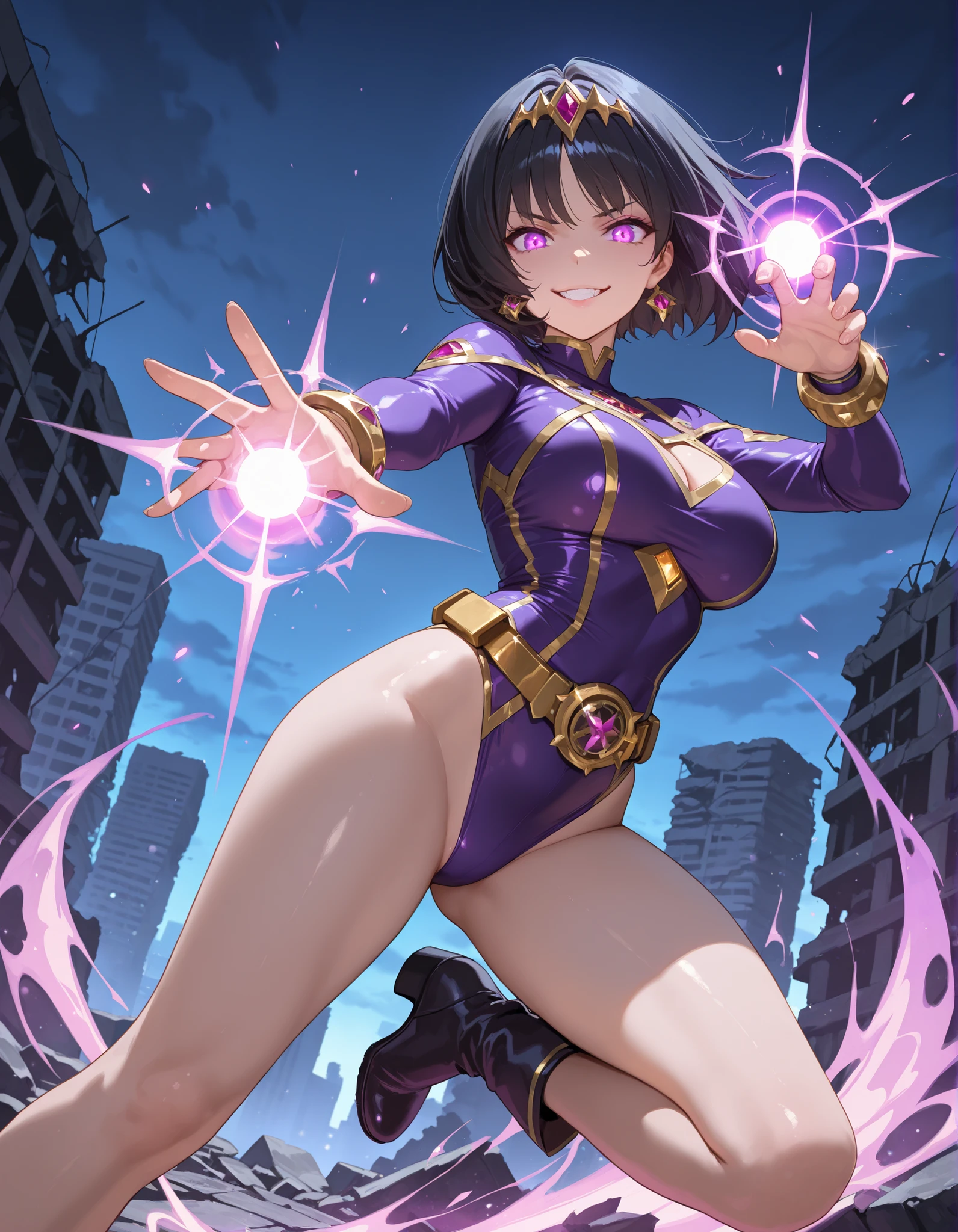 (HD, Sharp, Fractal), One Woman, Super Glossy Skin, Brown Skin, Evil Magical Girl, (crotch tattoo:1.1), Design tights, Evil Smile,
