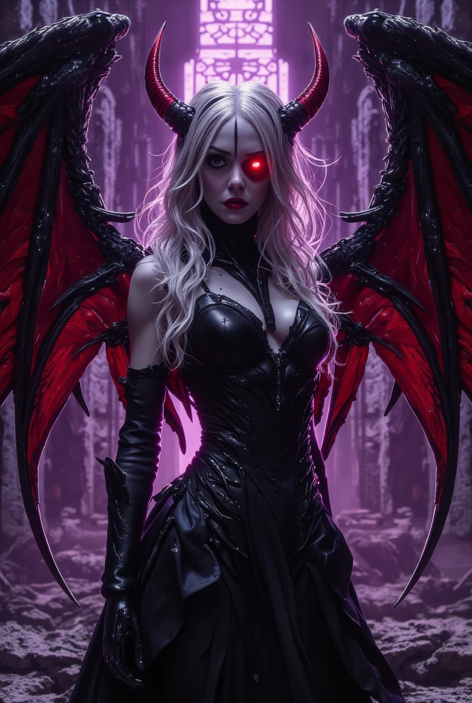 A cinematic shot of a dark fantasy portrait of a seductive succubus named Lady Venus. She has striking white hair that fades to black at the ends and adorns her forehead. Wings with a vibrant red center frame both sides of her head. Her unique eyes. The background showcases a dark, gothic architecture. The overall composition is illuminated by dramatic lighting. This portrait is a masterful combination of photography, 3D render, and artistic elements.