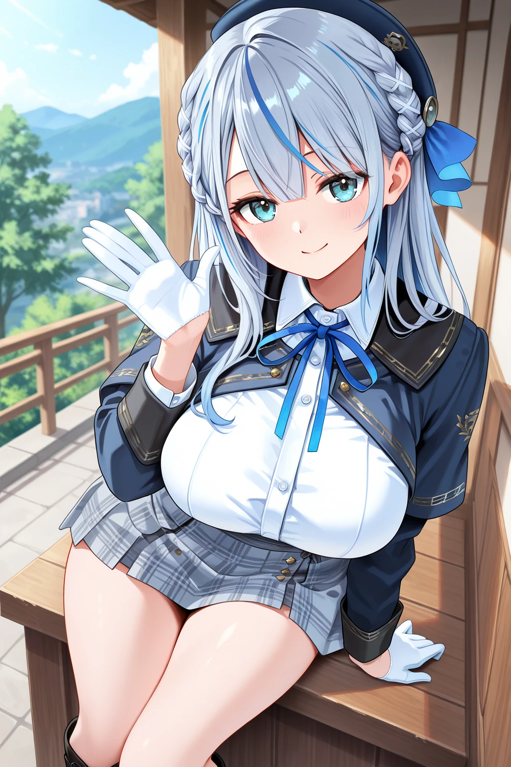 (western style town、outdoor、blue sky、cobblestone)、(Super beautiful CG、high resolution、highest quality)、(smile、blush、medium chest)、 (masterpiece:1.8)、((super quality))、((Ultra-detail illustration))、((stunning CG))、1 girl、solo、long hair、(silver hair)、(red eyes)、uneven skin、Leather clothing、(blue dresini skirt)、boots、gloves、(白いgloves)、(Are standing:1.3)、(turn around:1.3)、(raise one hand up:1.5)、(up to the knees:1.3)、、female focus