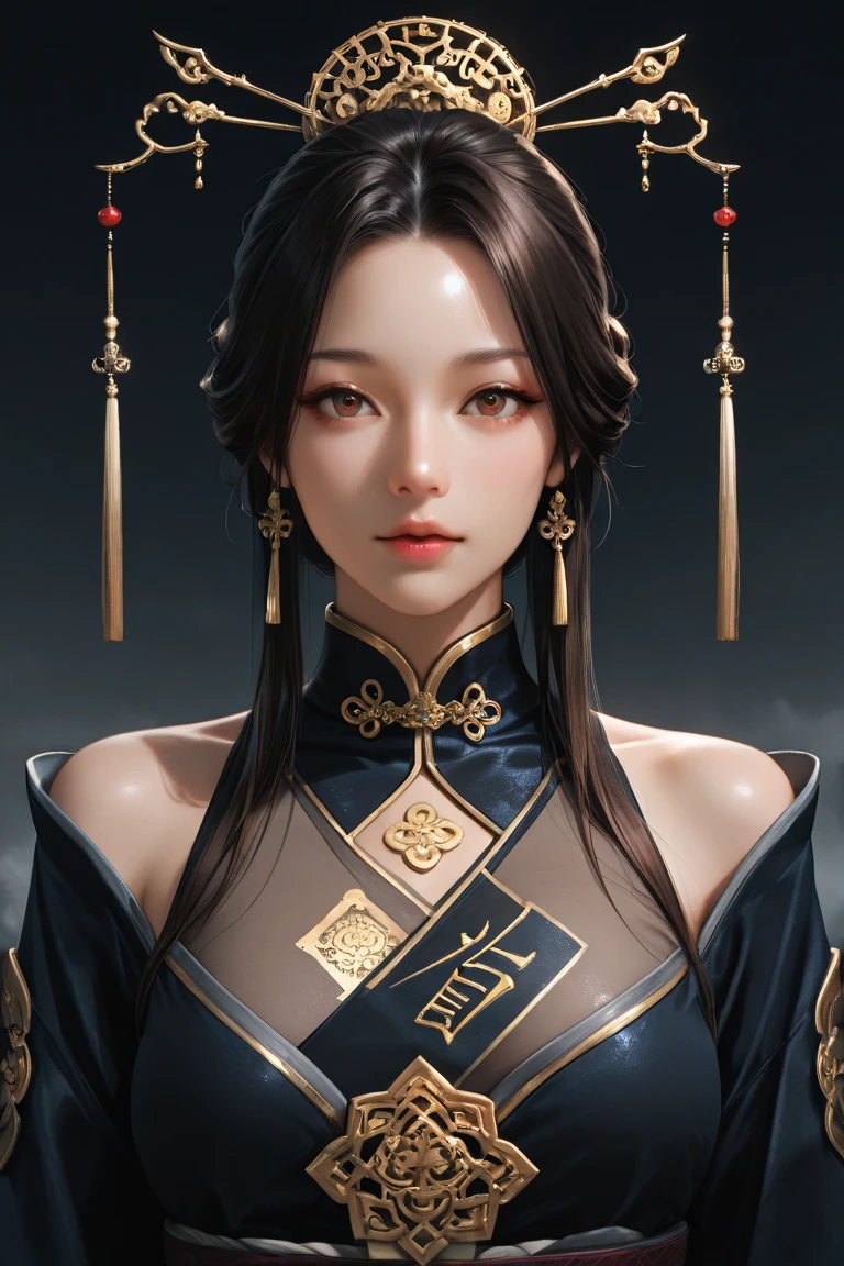 masterpiece, best quality, girl, solo, ((mature female)),, long hair, hair, princess, black dress(dress) (golden dress) fantasy, happy, looking at viewer, cartoon, anime, (oil painting)Burmese girl, 18 years old, Bagan pagoda view background, clear Hd 8k