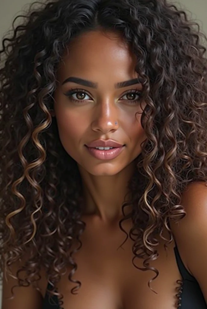 8k, ultra detailed, magnifique jeune femme peau caramel exceptionnellement belle, caramel skin, black curly, yeux clair, piercing, grosses fesses, anatomiquement parfaite, coucher de face, coucher sur un lit, coucher sur le ventre en lingerie sexy