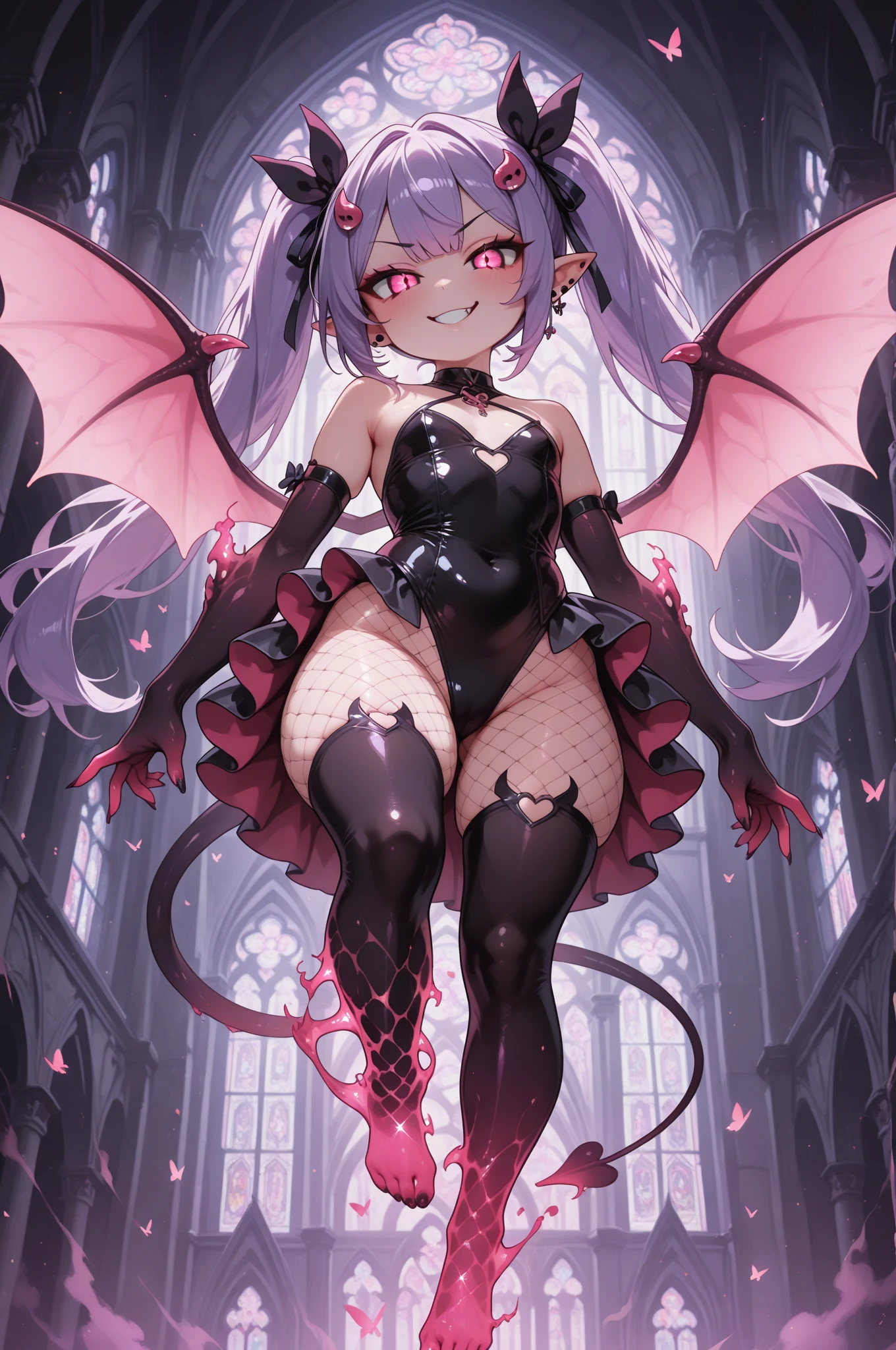 NSFW,masterpiece,Highest quality,High resolution,Very detailed,white\(no game No life\),Small breasts,Multicolored Hair,Gradient Hair,Bad smile,blush,(Succubus),Devil horns,(tail),(wing),High-quality black frill dress,leotard,Fishnet tights,Sexy pose,Abandoned Castle