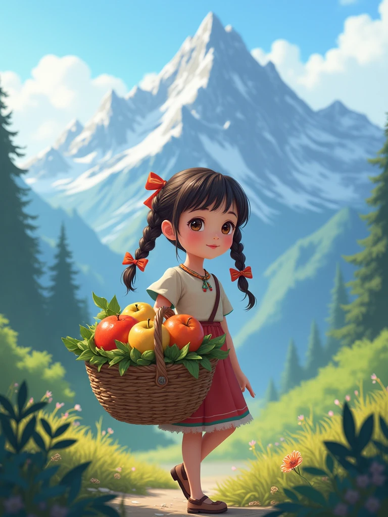 Little girl in long dress with a basket full of beautiful fruits picking beautiful fruits from the tree in her garden and in the background a beautiful landscape of mountains bright colors beautiful design --auto --s2