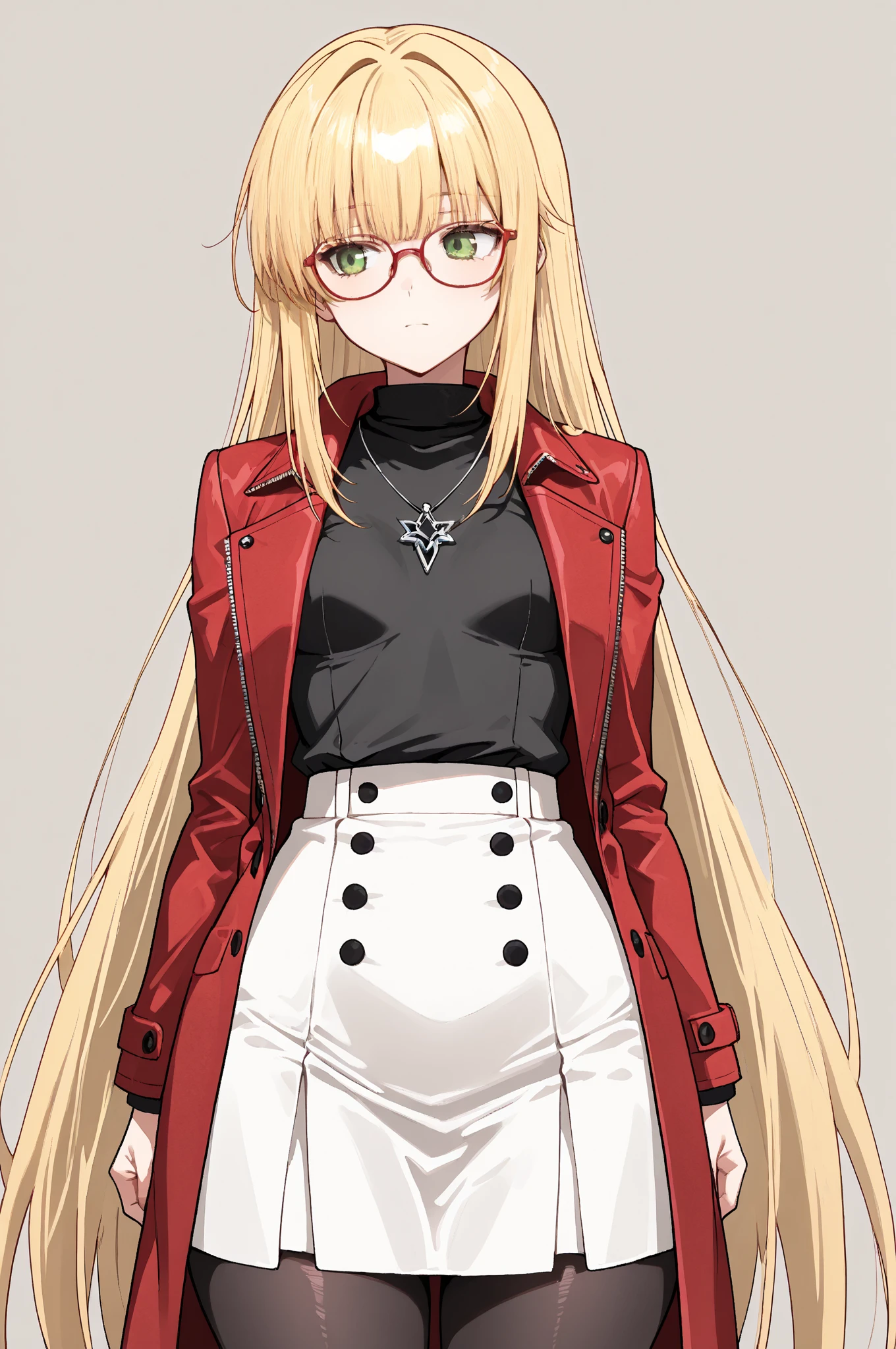 woman、Early 20s、Wicked Smile、Blonde、Long Hair、Green Eyes、Frameless sunglasses with red lenses、breast enhancement、sexy、sexyなポーズ、Black Shirt、hot pants、bright red coat、R-18