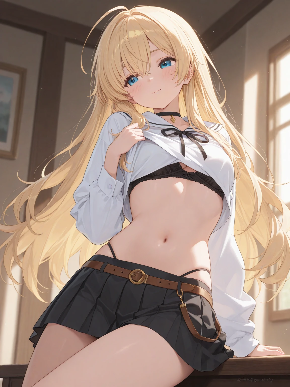 highest quality, table top, beautiful mature women、beautiful face、strong-willed woman、pinstripe dress shirt、long hair、smaller eyes、Looks like a whole body、black ruffled panties、garter belt with red ribbon、arms behind head