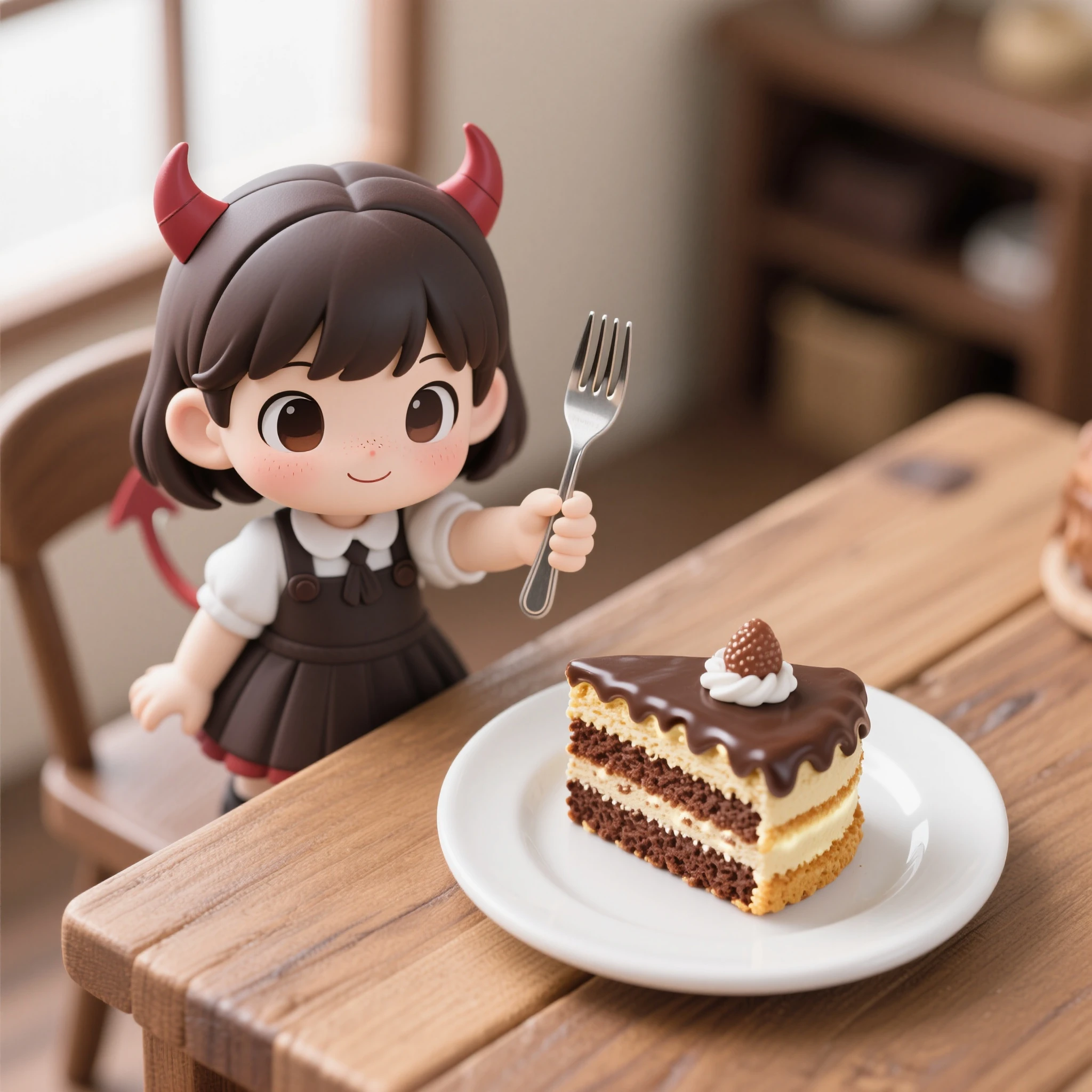 (chibi:1.4)Stylish wooden table top、Chocolate cake shortcake on a white plate、little cute girl holding out a fork next to a shortcake、The girl's devil is about the size of a shortcake